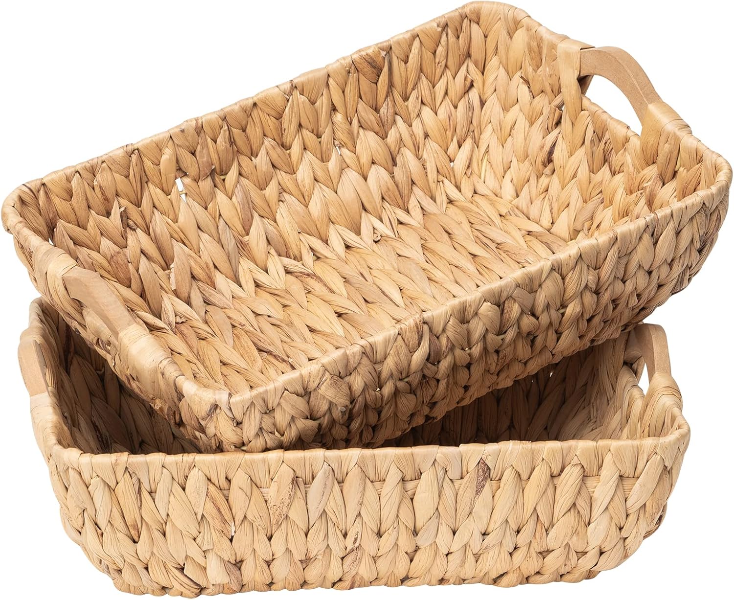 FairyHaus Wicker Baskets with Handles, Natural Wicker Basket for Organizing Shelves, Small Hand Woven Water Hyacinth Storage Baskets Set of 2, 14.96x10.04x5.12