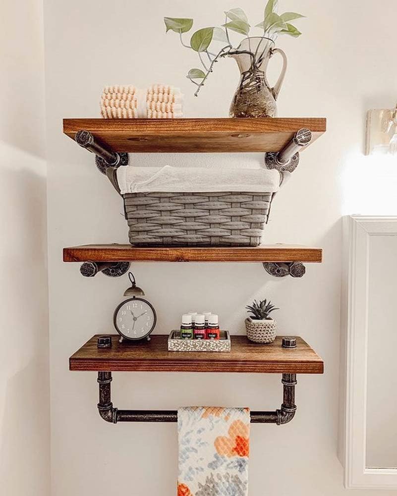 Industrial Pipe Shelves with Towel Bar Wall Mount Rustic Wood Shelf DIY Storage Floating Shelving for Bathroom(Black,3-Tier)