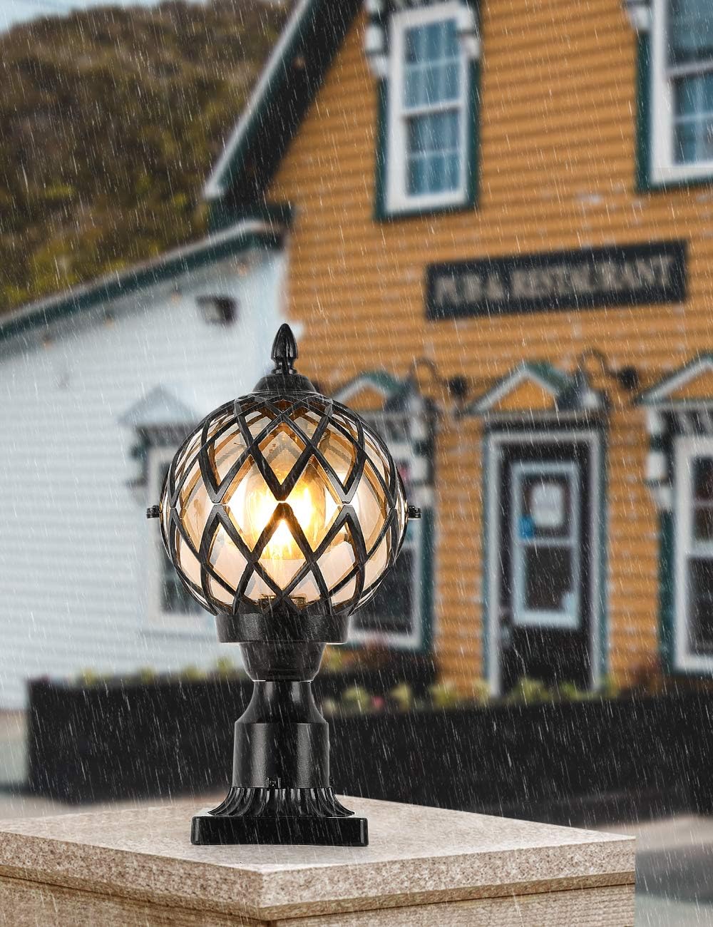 EREBJENH Designer Outdoor Post Light Fixture with 3-Inch Pier Mount IP65 Waterproof E26 Bulb Base Clear Glass Shade Exterior Post Lighting,1-Light House Exterior Pillar Pole Lantern,Black