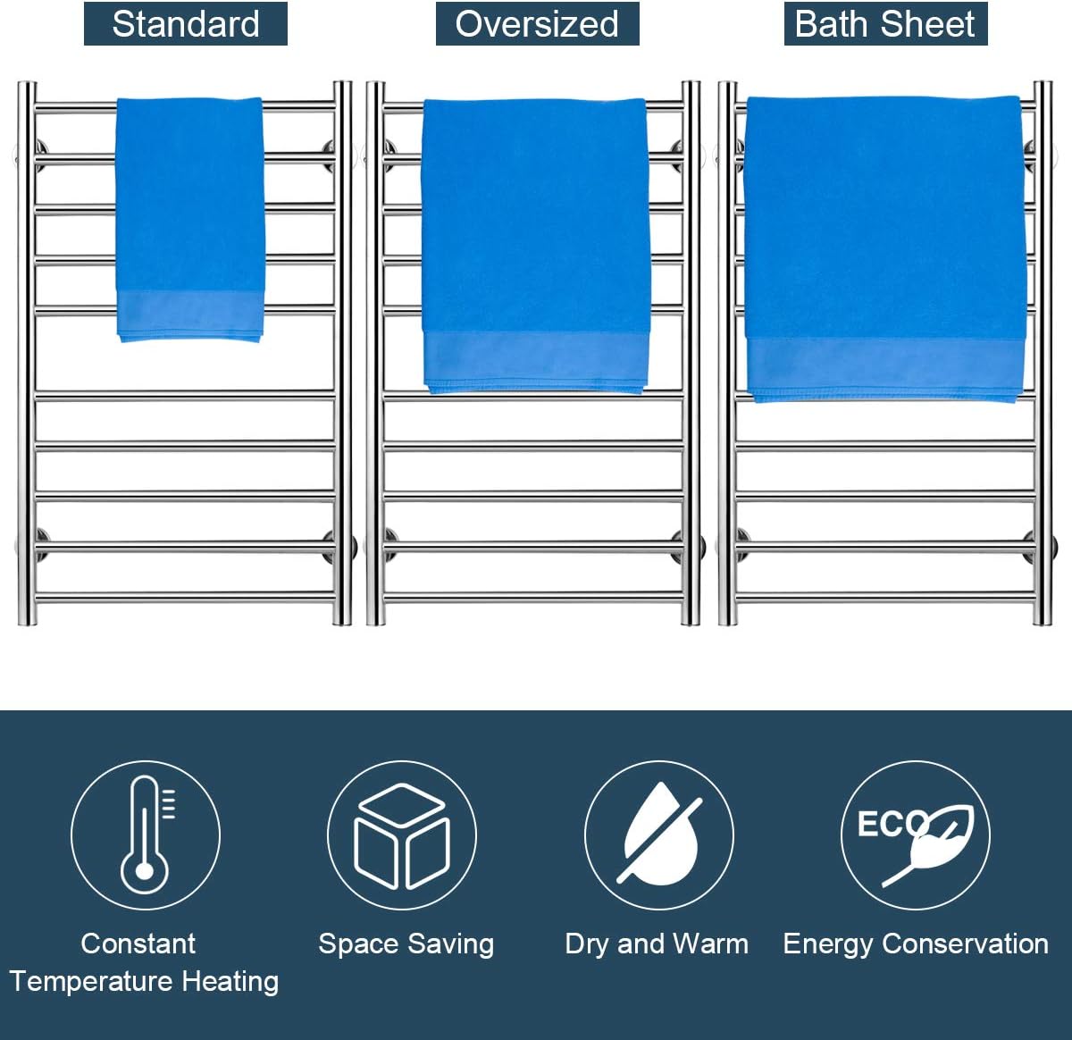 ARLIME Heated Towel Warmer for Bathroom, Wall Mounted Hot Towel Racks with Timer, Stainless Steel Heated Towel Drying Rack, Plug-in/Hardwired Electric Towel Rails (Silver, 10bars)