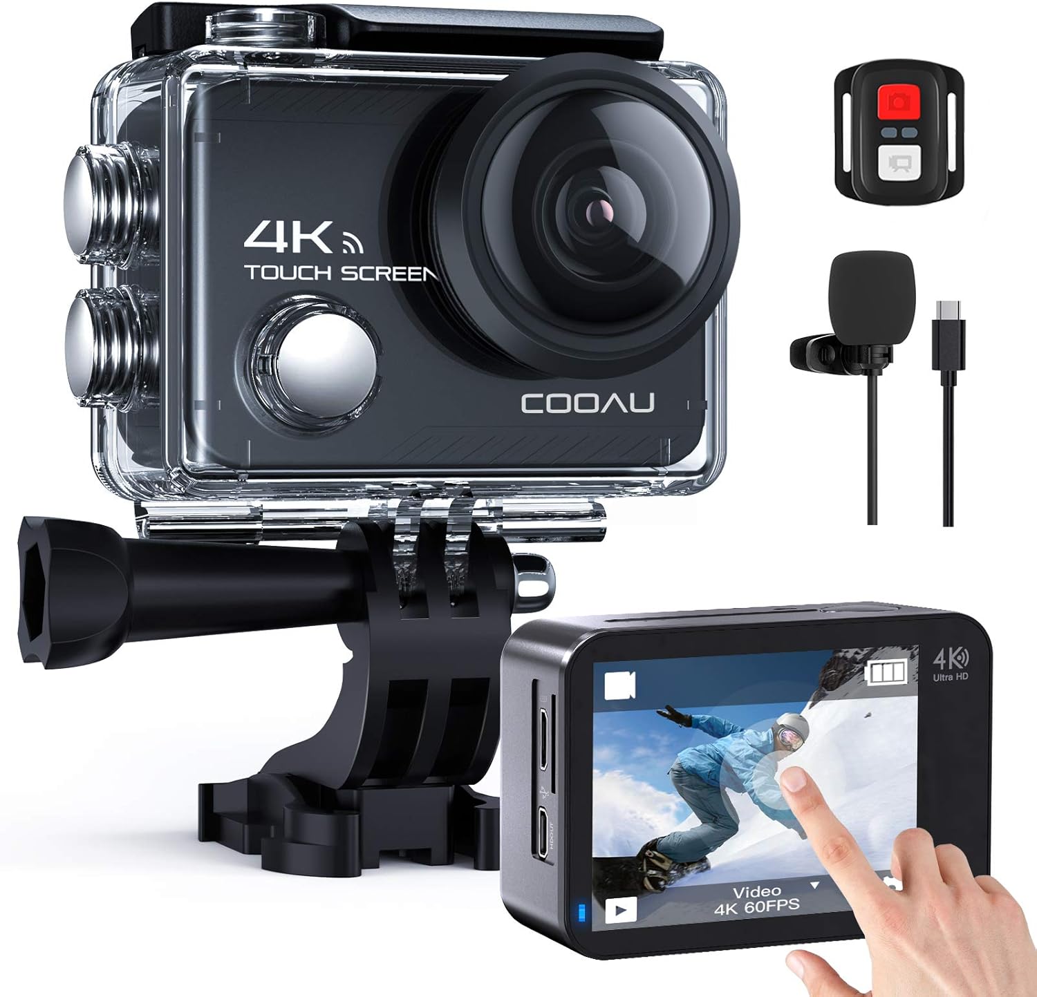 COOAU Native 4K 60fps 20MP Touch Screen WiFi Action Sport Camera EIS Stabilization Underwater Waterproof Cam with External Microphone Remote Control 2x1350Amh Batteries