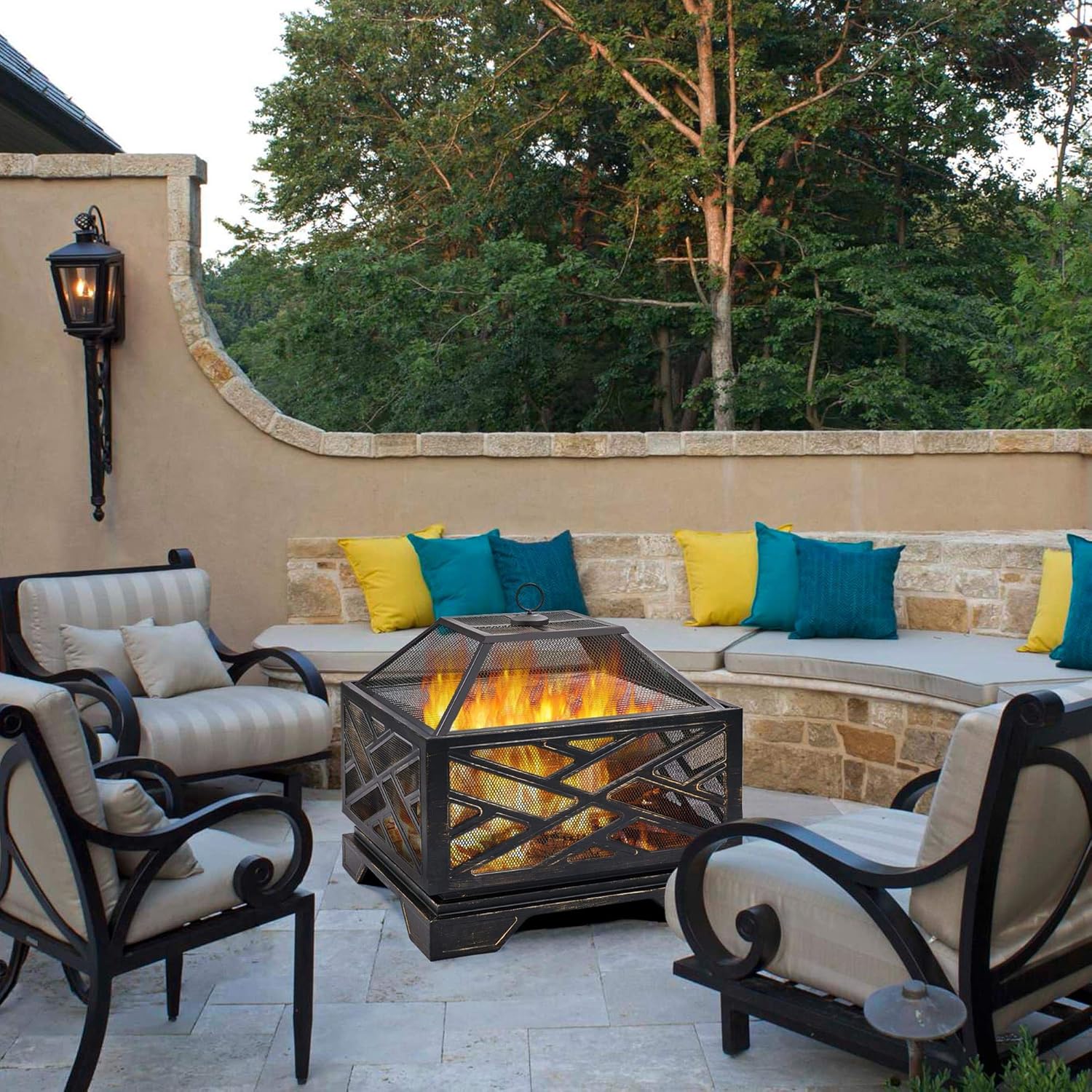 Yaheetech Fire Pit 26in Fire Pits for Outside Square Steel Outdoor Firepits Rectangular Deep Fire Pit Bowl with Spark Screen, Poker & Metal Grate for Camping, Backyard & Garden