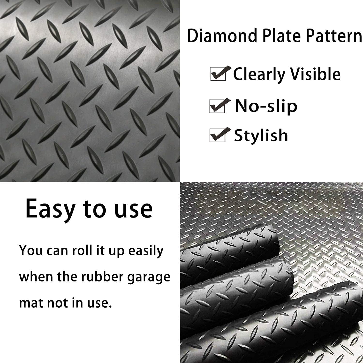Rubber Diamond Garage Mats 3.3 x 13.2FT Heavy Duty Garage Floor Runner Anti Slip Garage Flooring Rolls, Water & Stain Resistant Rubber Industrial Flooring for Under Car, Black