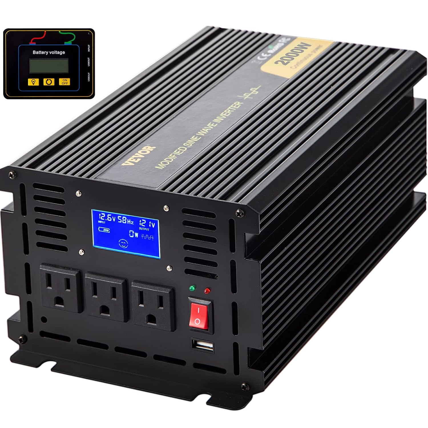 VEVOR Power Inverter, 2000W Modified Sine Wave Inverter, DC 12V to AC 120V Car Converter, with LCD Display, Remote Controller, LED Indicator, AC Outlets Inverter for Truck RV Car Boat Travel Camping