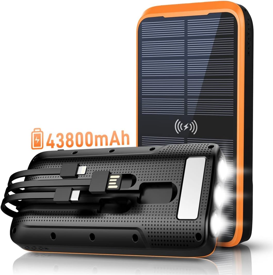 Solar-Charger-Power-Bank - Portable Charger,43800mAh Qc3.0 Fast Charging Qi 10W Wireless Portable Charger Built-in 2 Kinds Output Cable and 680Lumen Bright flashlights Pack of 2