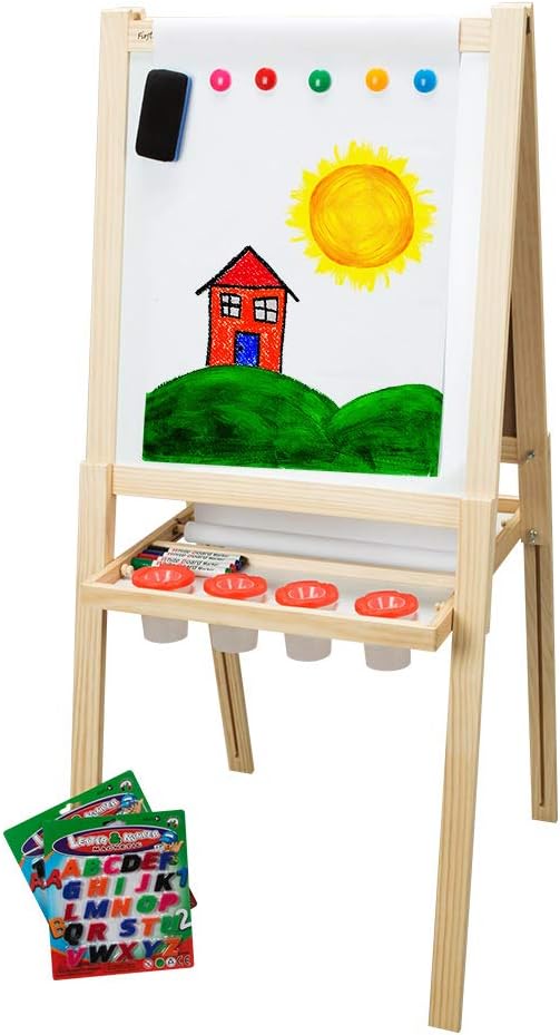 First Impressions Solid Wood Art Easel for Kids (2nd Edition) Grows with Child Dry Erase Board and Magnetic Chalk Board Includes Accessory Pack