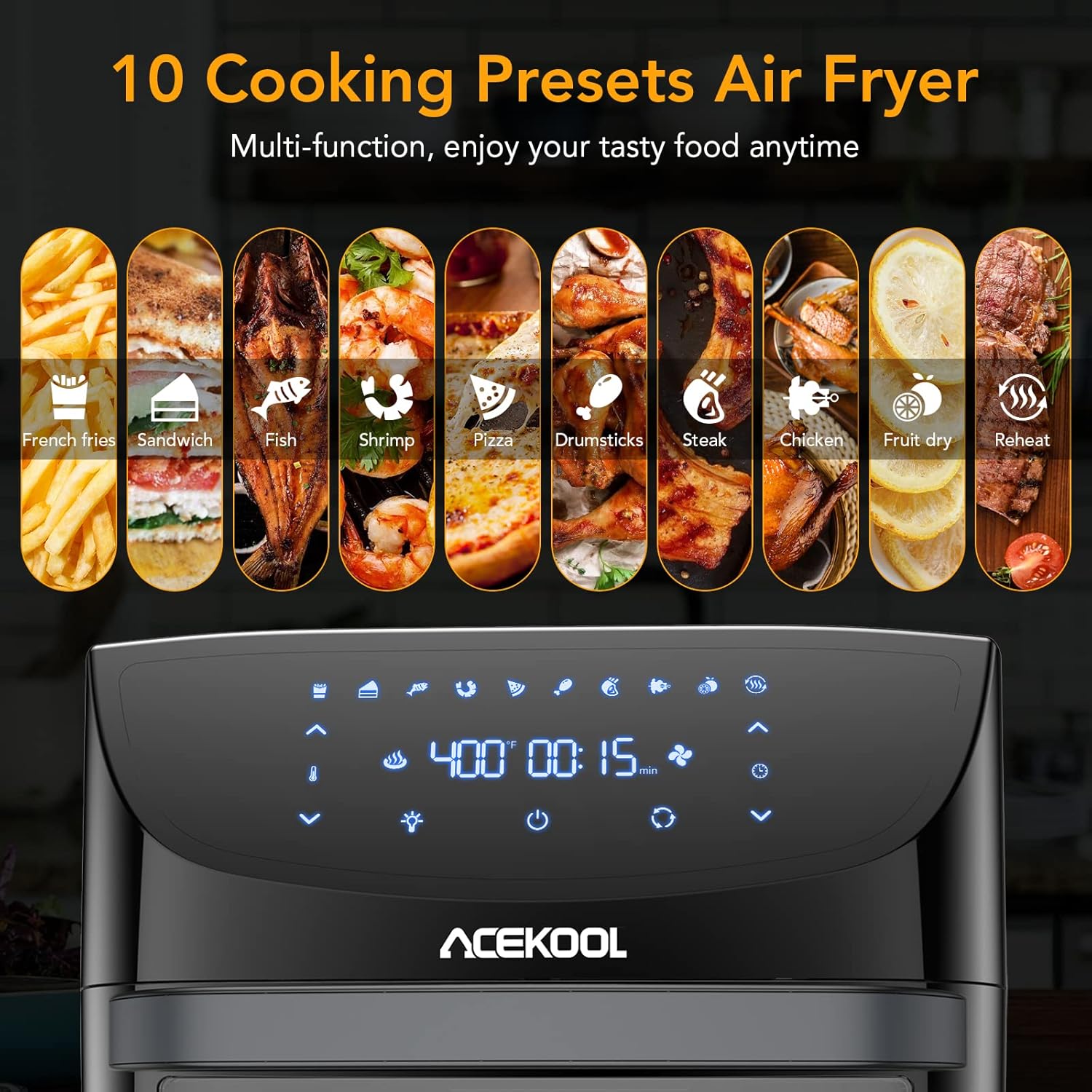 Air Fryer Oven 10-in-1, 19QT Acekool Large Airfryer Toaster Oven Combo 1800W Air Fryers with Rotisserie and Racks, Dehydrator, LED Digital Screen, 9 Accessories and Recipe Cookbook