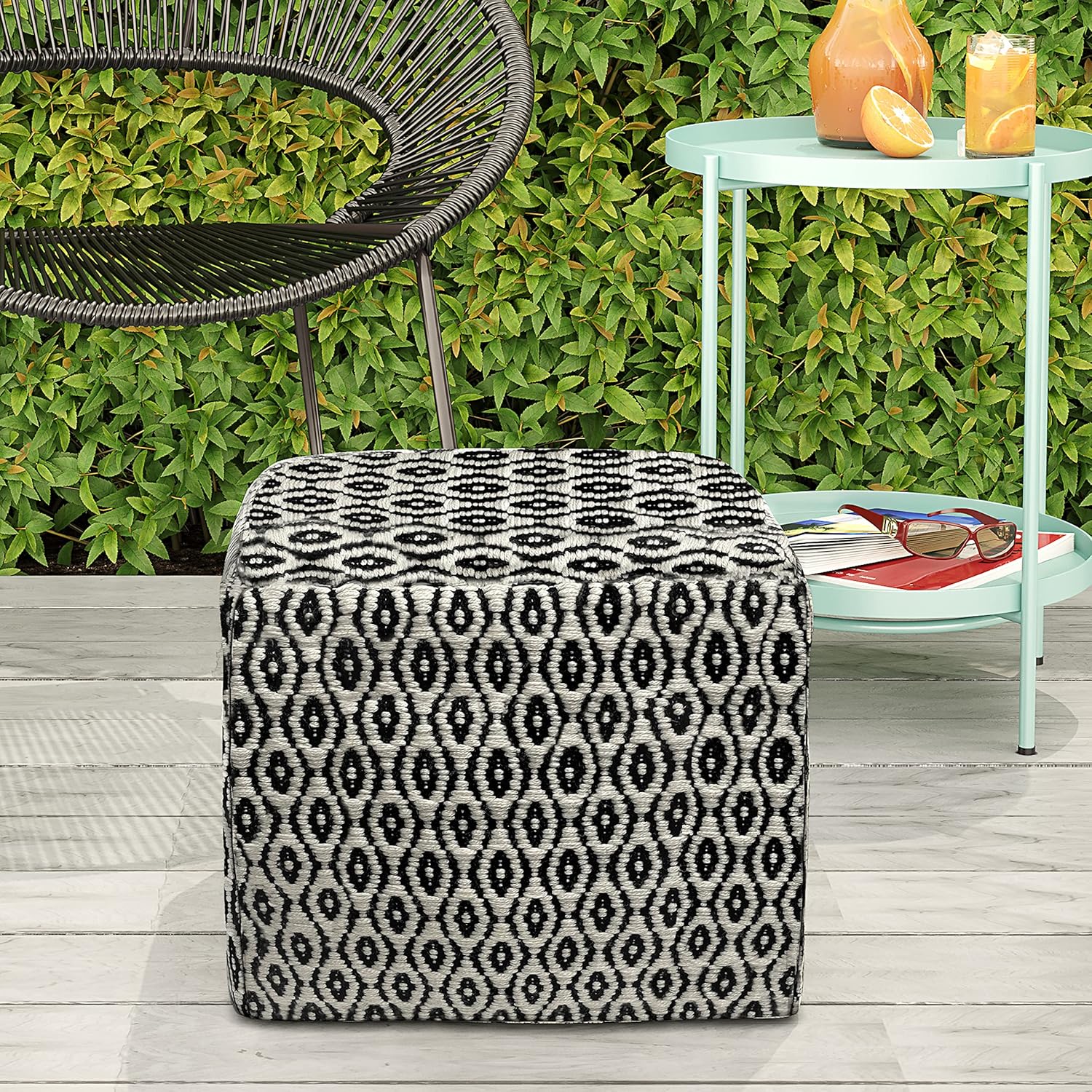 SIMPLIHOME Kiana Boho Square Woven Outdoor/ Indoor Pouf in Black and White Recycled PET Polyester for the Living Room, Family Room, Bedroom and Kids Room