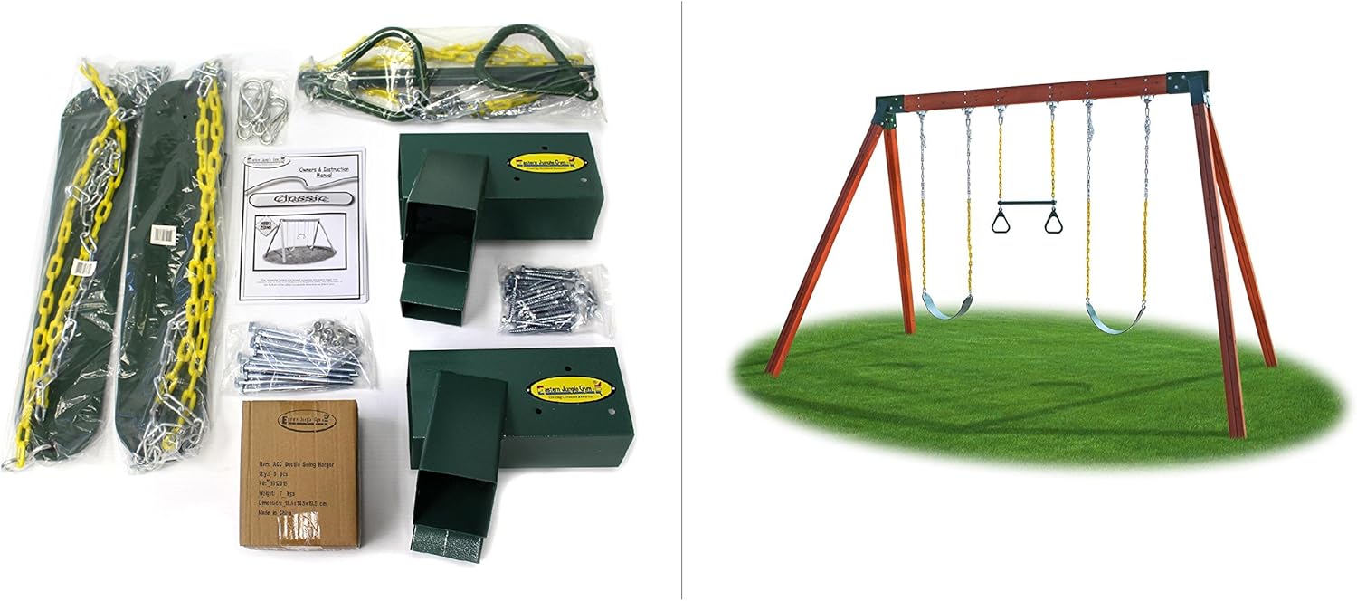 Eastern Jungle Gym DIY Swing Set Hardware Kit with Easy 1-2-3 A-Frame Brackets, Swing Seats, Ring Trapeze Bar and All Assembly Hardware and Instructions - Wood Not Included