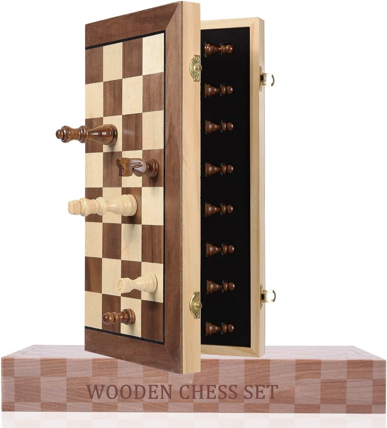Hnoerin 15 Inches Magnetic Chess Set Large Folding Wooden Chess Board Handmade Staunton Style Chess Pieces Interior Storage for Pieces Pack of 2