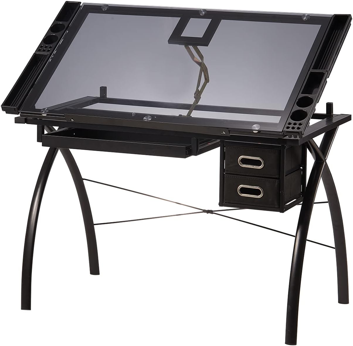 Adjustable Drafting Table for Artists with Storage Drawers, Glass Drawing Table Art Desk Craft Station with Sturdy X Metal Frame, Tabletop Height Adjustable, Writing Desk, Black