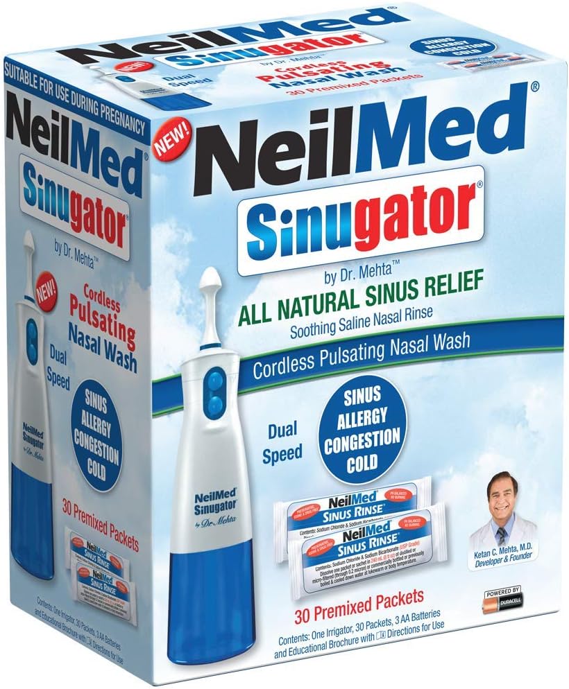 NeilMed Sinugator Cordless Pulsating Nasal Wash Kit with One Irrigator, 30 Premixed Packets and 3 AA Batteries