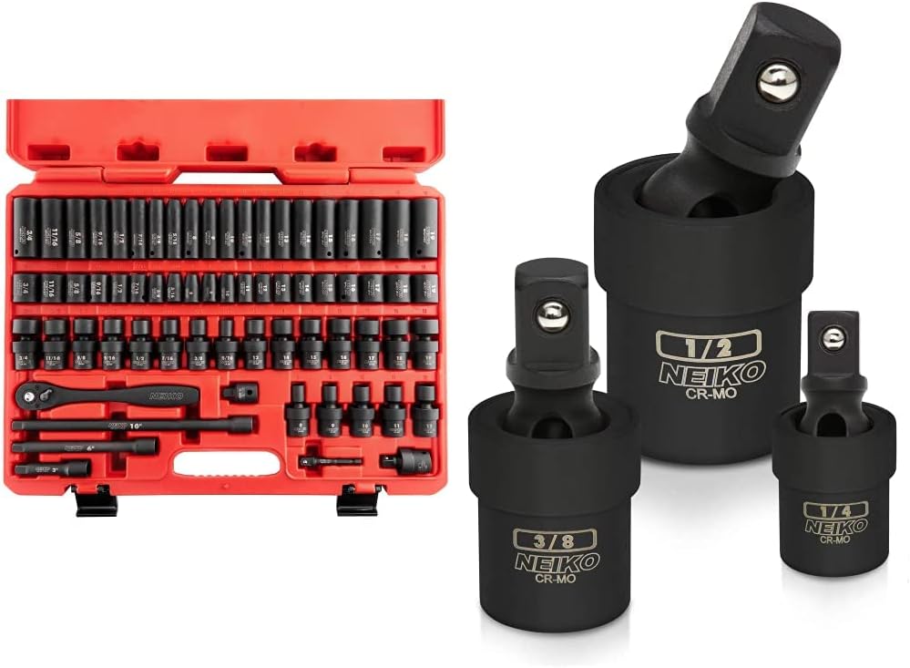 Neiko 02471A 3/8&rdquo; Standard and Deep Drive Impact Socket Set 67 pcs | SAE 5/16&rdquo; to 3/4&rdquo; | Metric 8mm to 19mm | Swivel Sockets | Cr-V & Cr-Mo Steel | Quick Release Ratchet | Extension Bars and Adapters