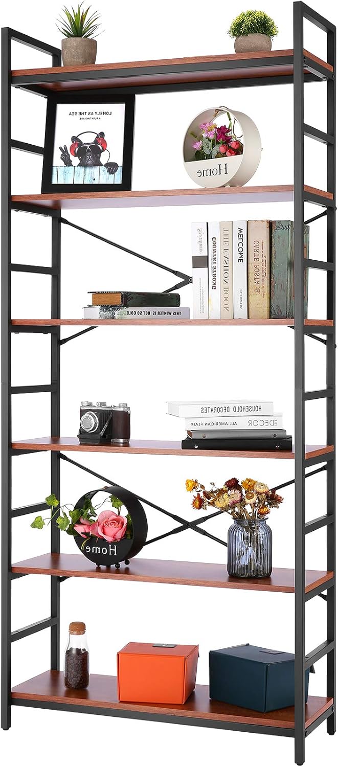 Devo Bookshelf, Vintage 5-Layer Storage Shelves with Metal Frame and Wood Industrial Style Shelf Racks for Storage Modern Room Decor Bookcase Large Open Display (Light Brown, Closed Top)