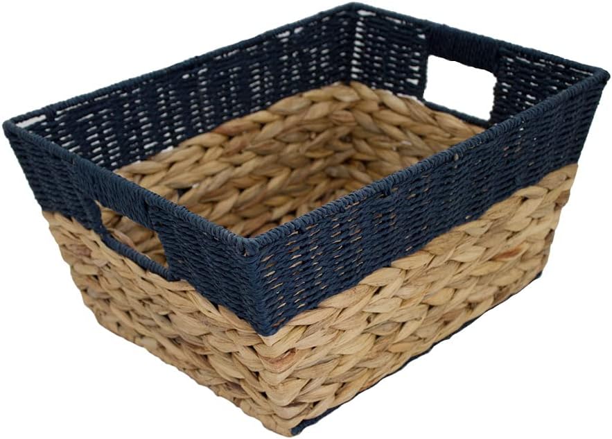 Natural Water Hyacinth Woven Rectangular Basket, Wicker Basket With Handle, Utility Storage Organizer