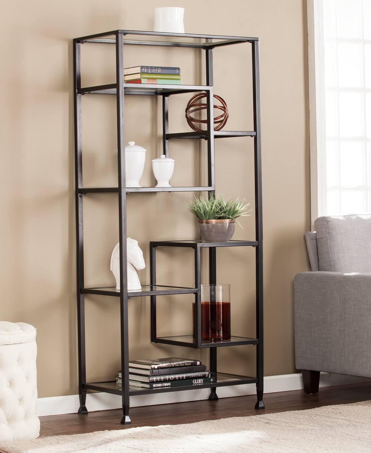 Joe Metal, Glass Asymmetrical Etagere, Bookcase - Matte Black