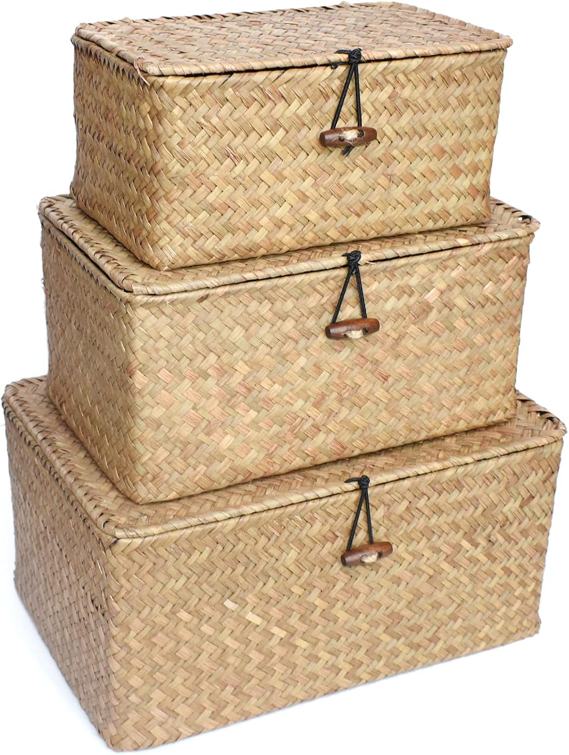 TICYACK Storage Basket With Lid, Hand-Woven for Natural Seagrass, for Organizing Home Decoration, Set of 3 (S/M/L) with 3 Blank Label