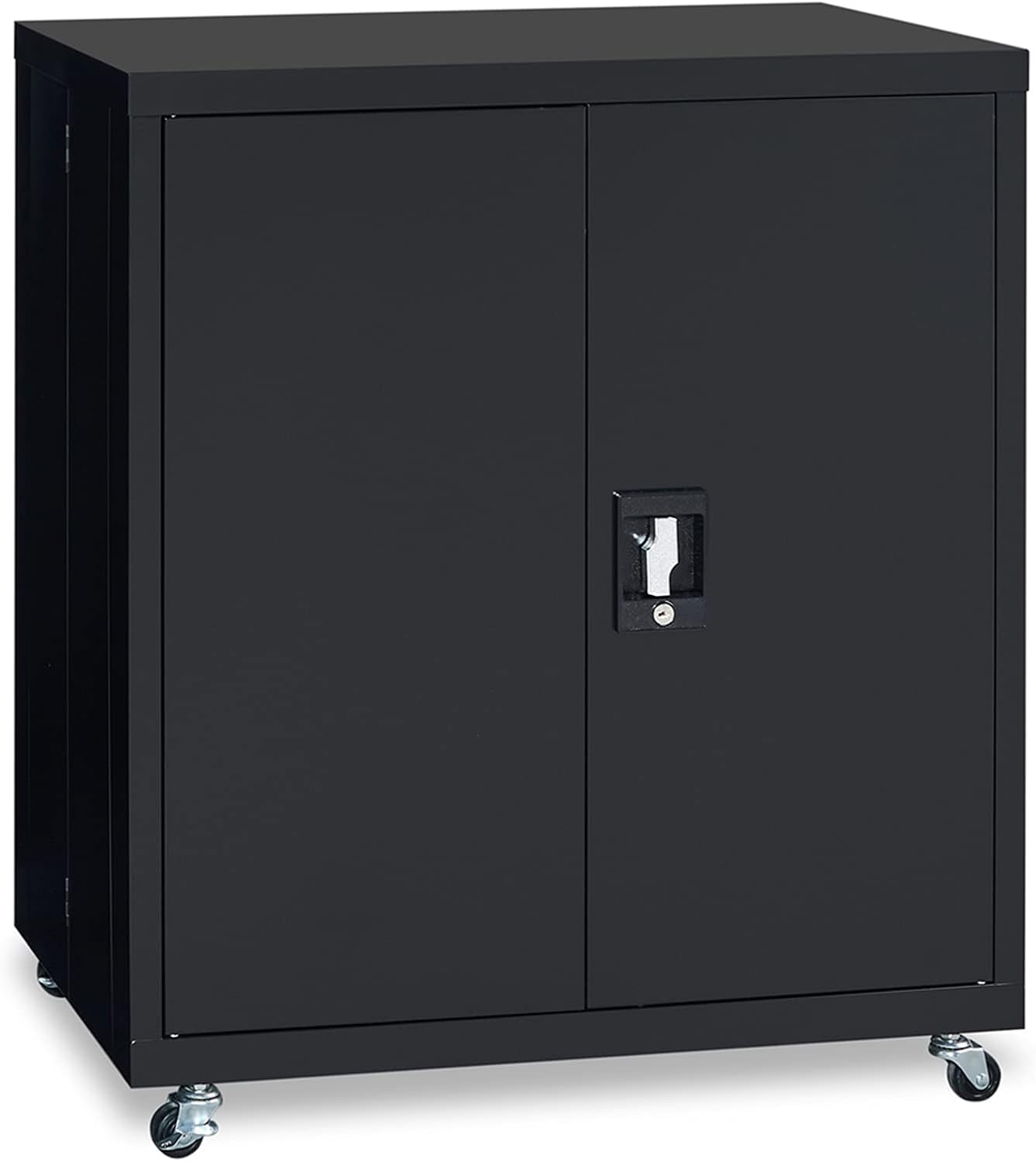 GREATMEET Metal Storage Cabinet with Lock and Wheels，Multifunctional Garage Storage Close，Half Height Steel Counter Locking Cabinet with Adjustable Shelves for Home Office,Black