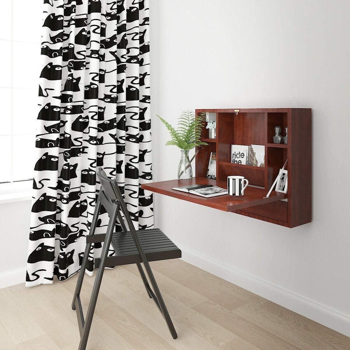 Multi-Function Desk Wall Mounted Folding Laptop Desk Hideaway Storage with Drawer, Sturdy Construction, Ample Storage Space, Space Saving Brown