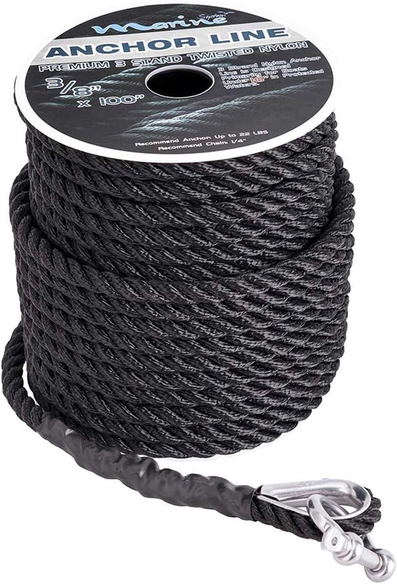 Marine System Made Nylon 3 Strand Anchor/Rigging Line Anchor Rope 3/8 Inch 100FT 150FT Black (3/8