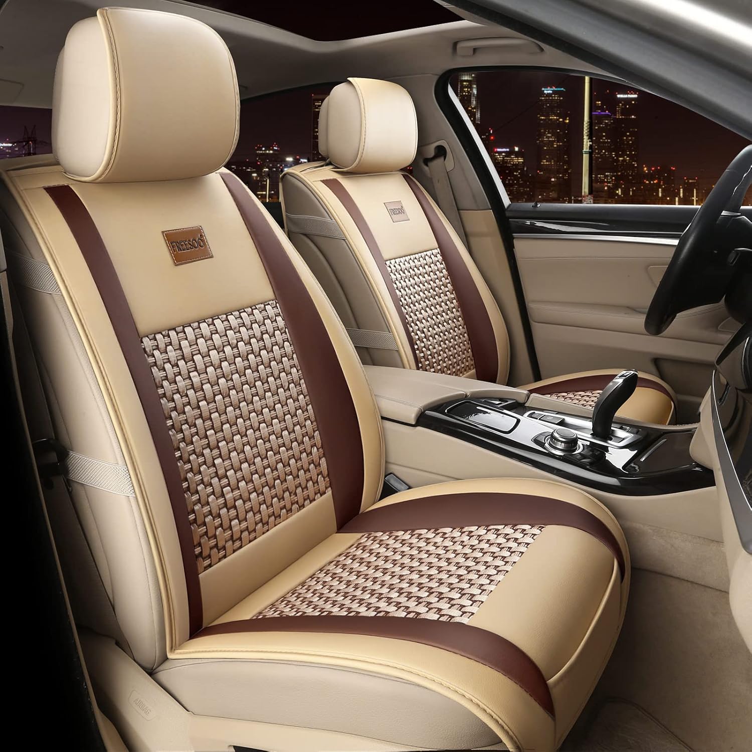 FREESOO Car Seat Cover Full Set, Leather Seat Covers Waterproof Universal Fit for Most 5 Seats Sedan SUV Pick-up Truck Auto Accessories (Black White 4)