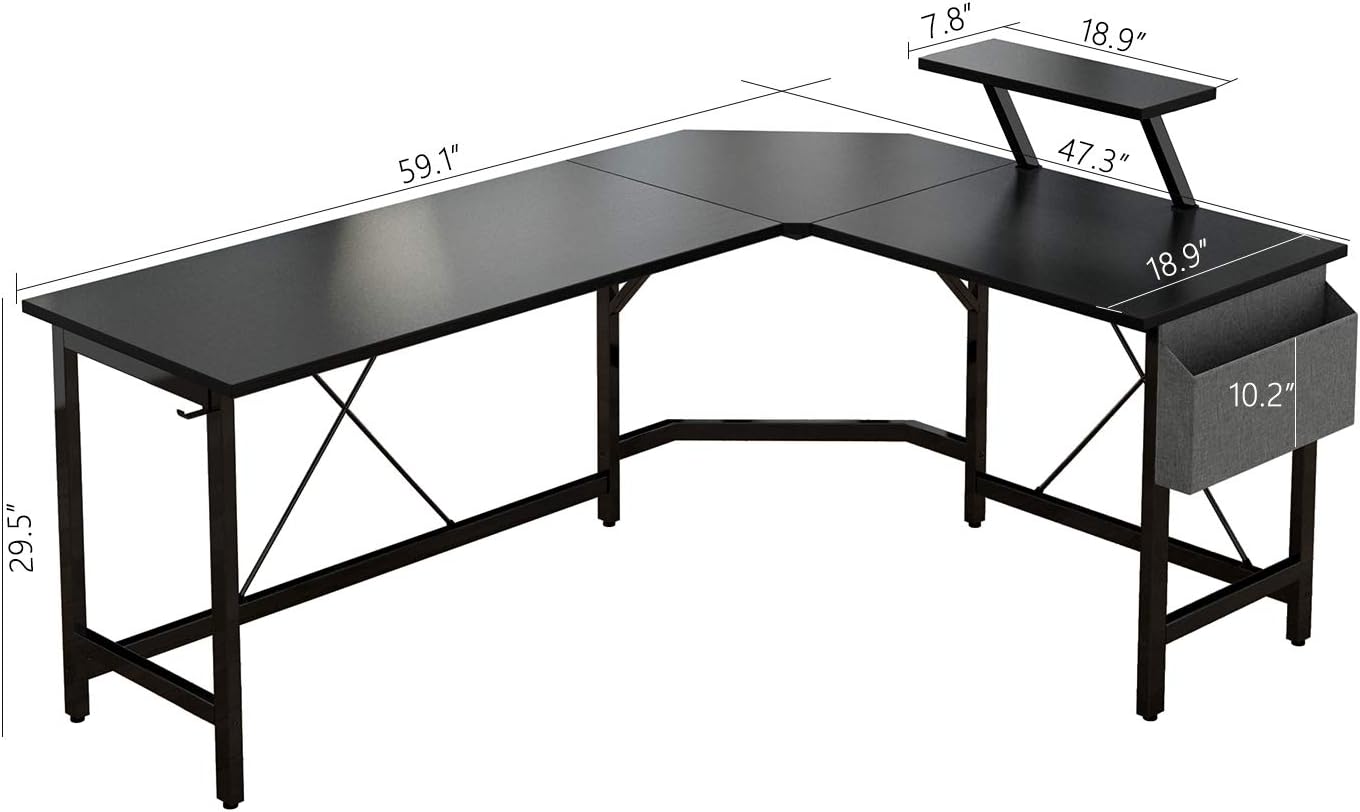 CAIYUN L Shaped Corner Desk,59 inches Computer Desk with Monitor Stand, Home Office Desk with Storage Bag and Iron Hook(Black)