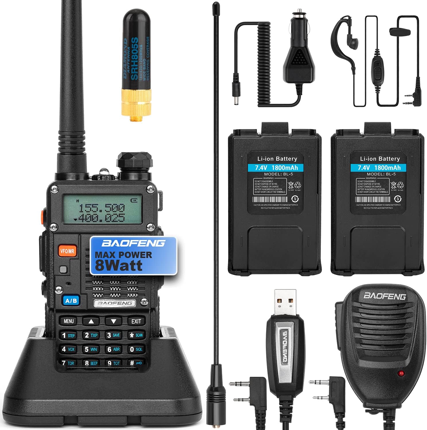 BaoFeng Ham Radio (UV-5R Pro) Walkie Talkie with 2 Rechargeable Battery, Dual-Band 2-Way Radio Handheld Walkie Talkies Complete Set with Earpiece and Programming Cable (Pack 1) Pack of 2