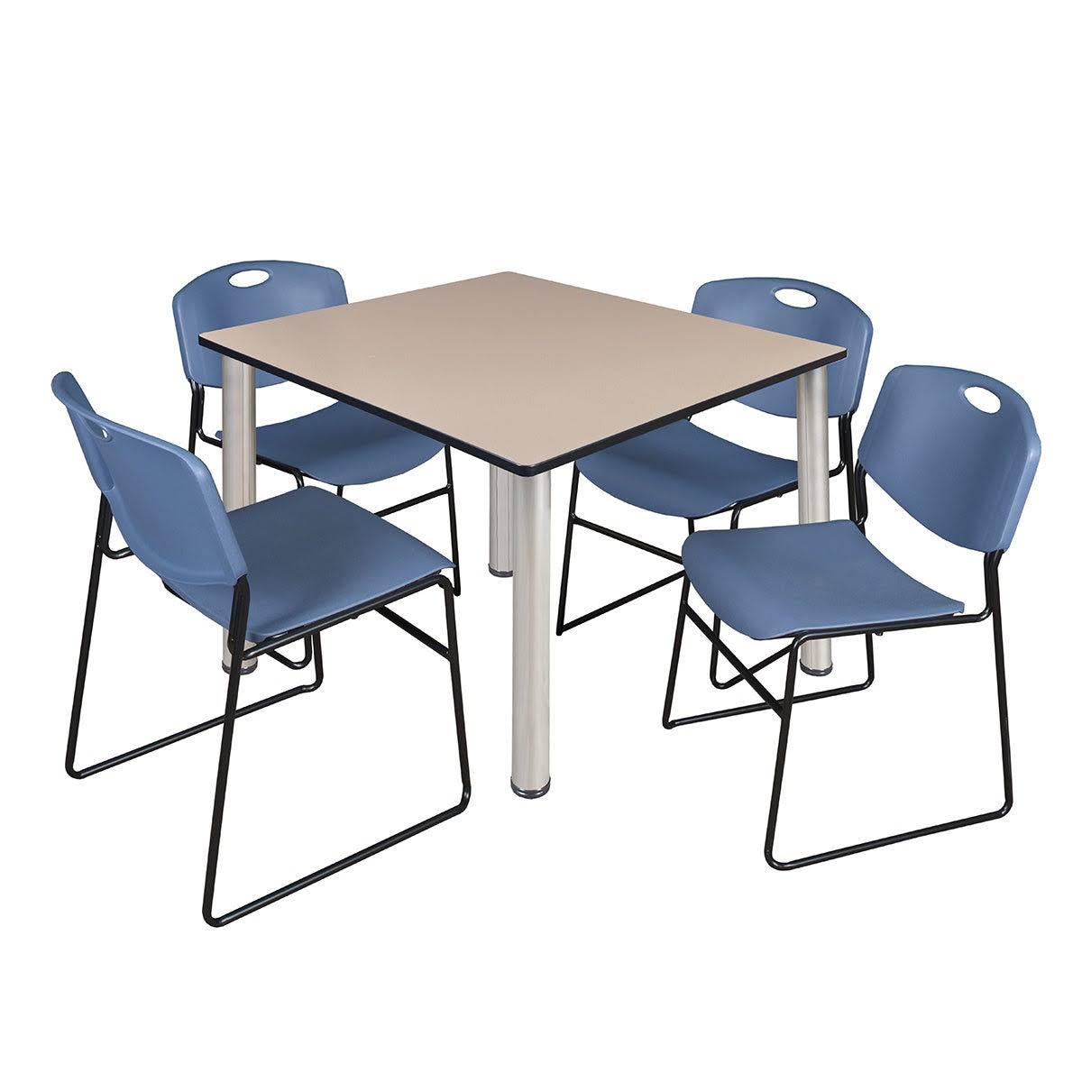 Regency Kee 48x22 Square Breakroom Table- Maple/ Chrome u0026 4 Zeng Stack Chairs- Blue