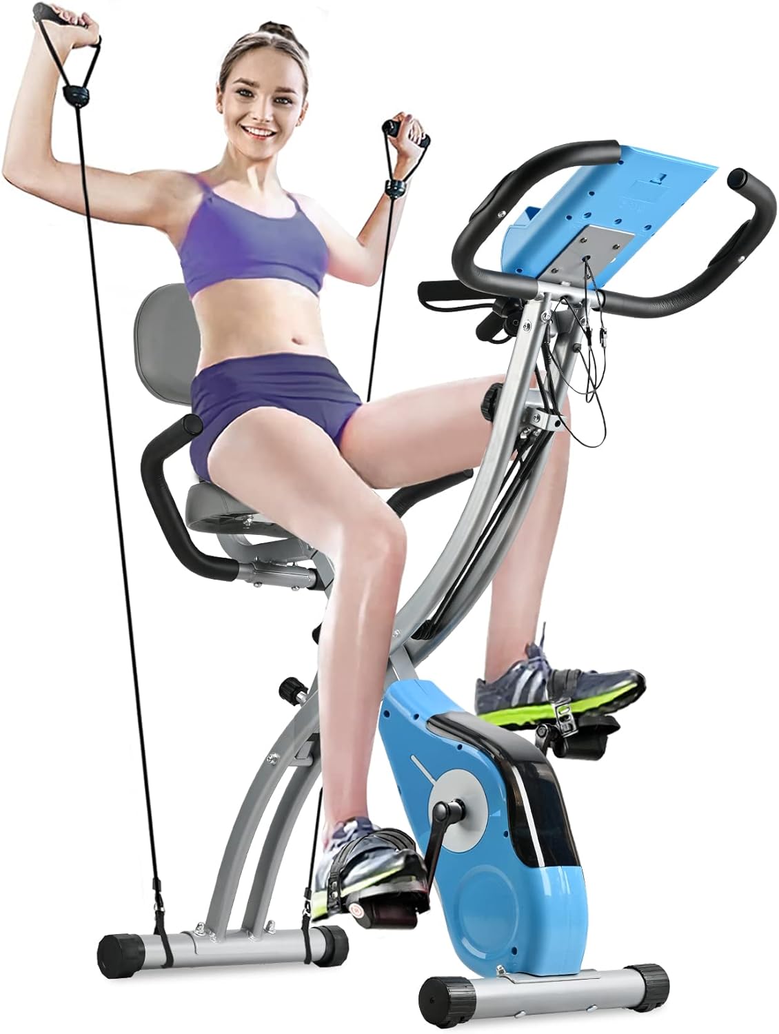 SALEMFIT Folding Stationary Bike, Magnetic Upright Bike Indoor Workout Exercise Cycle Bike with Front & Back Arm Resistance Bands LCD Monitor Pulse Sensor Phone Holder Backrest, For ​Home Workout Total Body Gym