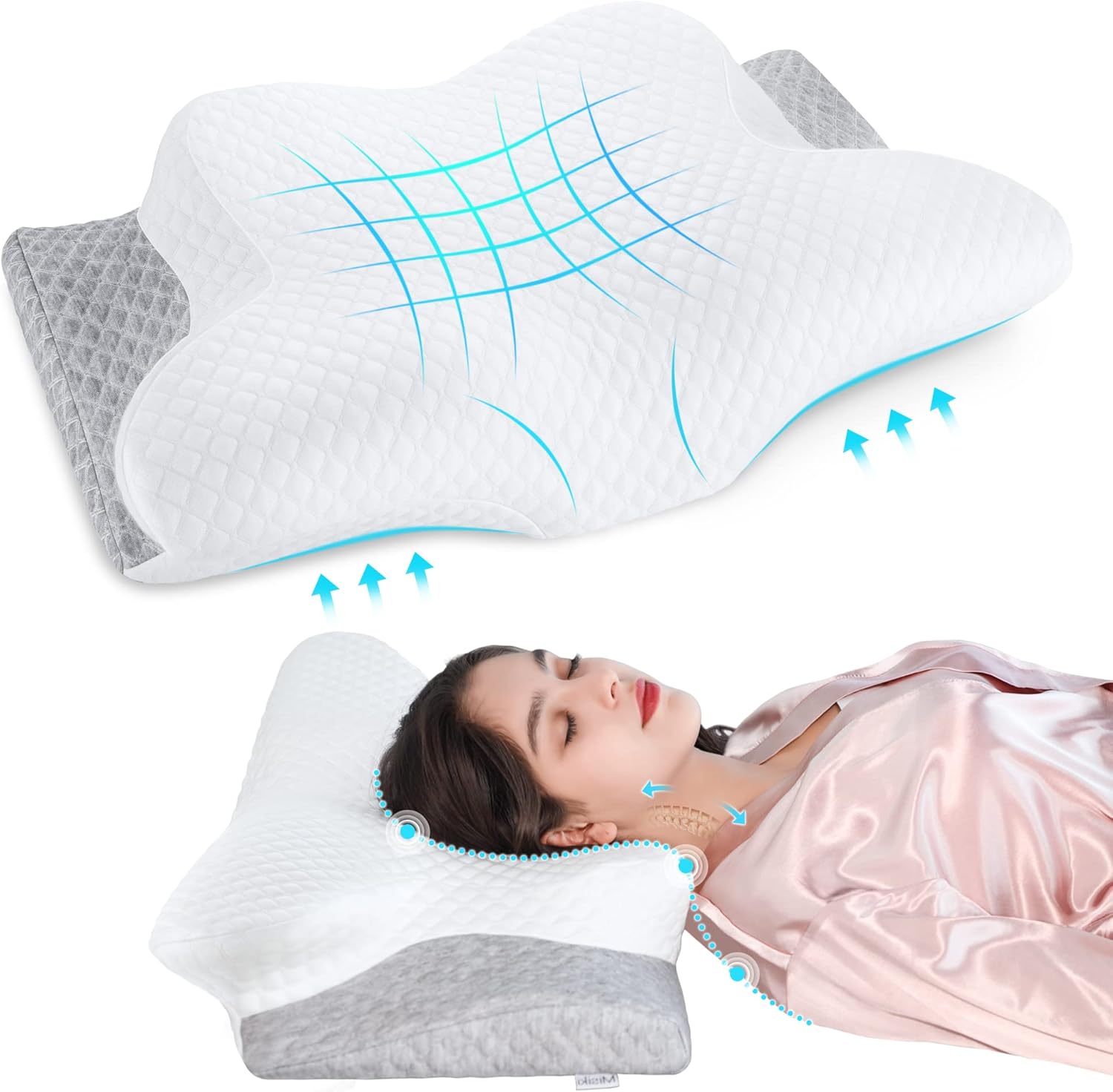 Contour Memory Foam Pillow, Misiki Cervical Pillow for Neck Pain Relief, Ergonomic Pillow for Sleeping, Orthopedic Neck Pillow with Washable Cover, Bed Pillows for Side, Back, Stomach Sleepers