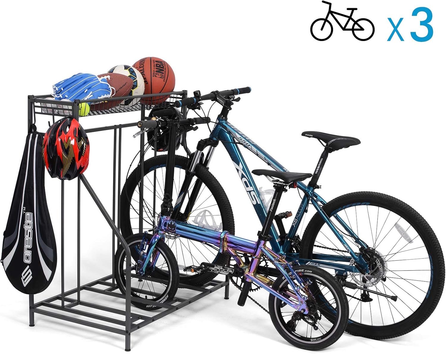 Sunix Bike Stand Rack, 3 Bicycle Floor Parking Stand, Bike Rack for Garage Storage, 3 Widths Adjustable Bike Slot for Mountain, Hybrid, Kids Bicycles, Indoor Outdoor Bike and Sports Storage Station