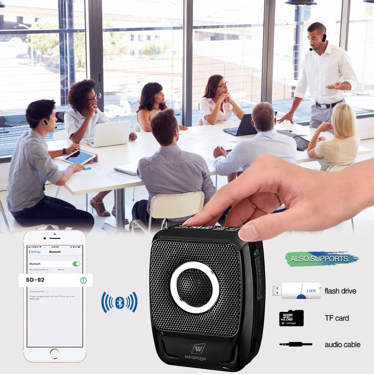 WinBridge Voice Amplifier with Two Wireless Headset Microphones, 25W Portable PA System, Bluetooth Speaker and Microphone for Teachers, Presentation, Meeting, Promotions and Outdoors S92 Plus