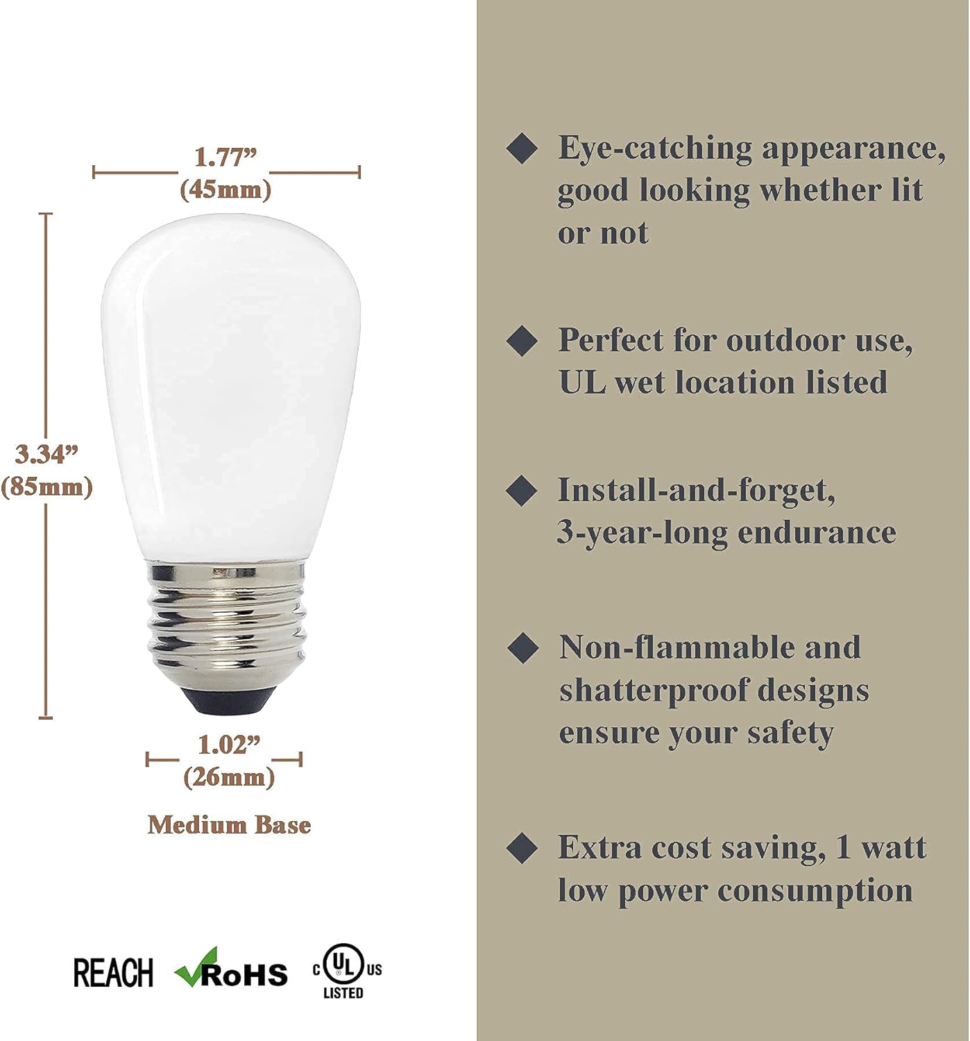 Sign S14 LED Decorative Bulb, Warm White 2700K, Outdoor Waterproof Shatterproof, 1 W Low Wattage (10W Equivalent), E26 Medium Base, 25 Pack