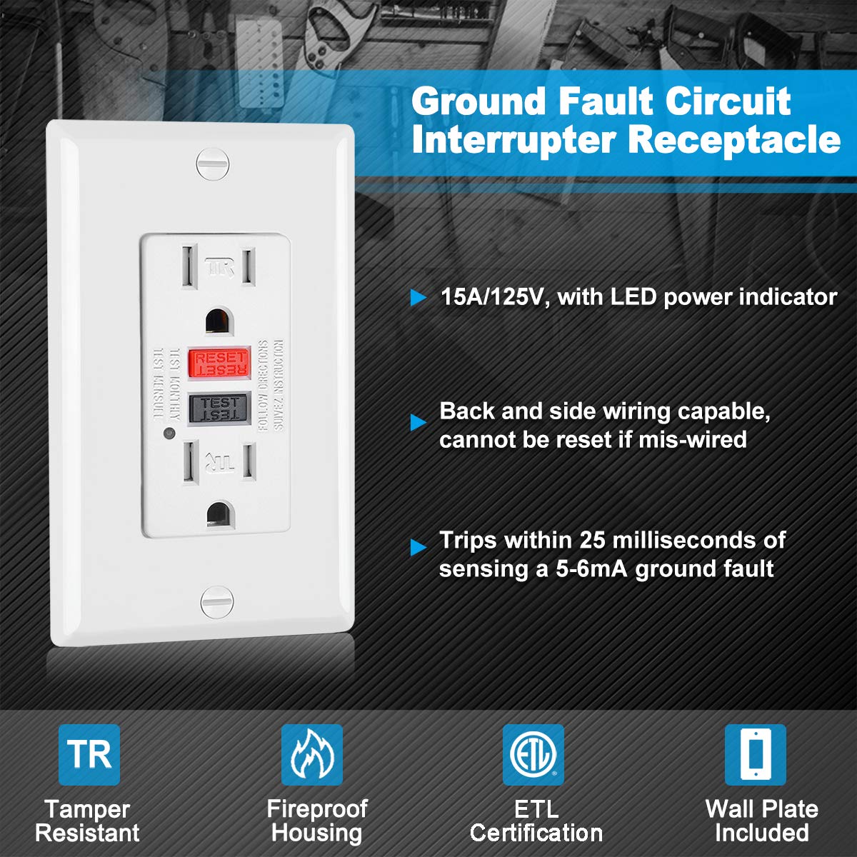 (10 Pack) UNIELE GFCI Receptacle Outlet, 15 Amp Tamper-Resistant (TR) Ground Fault Circuit Interrupter, GFI Outlets with LED Indicator