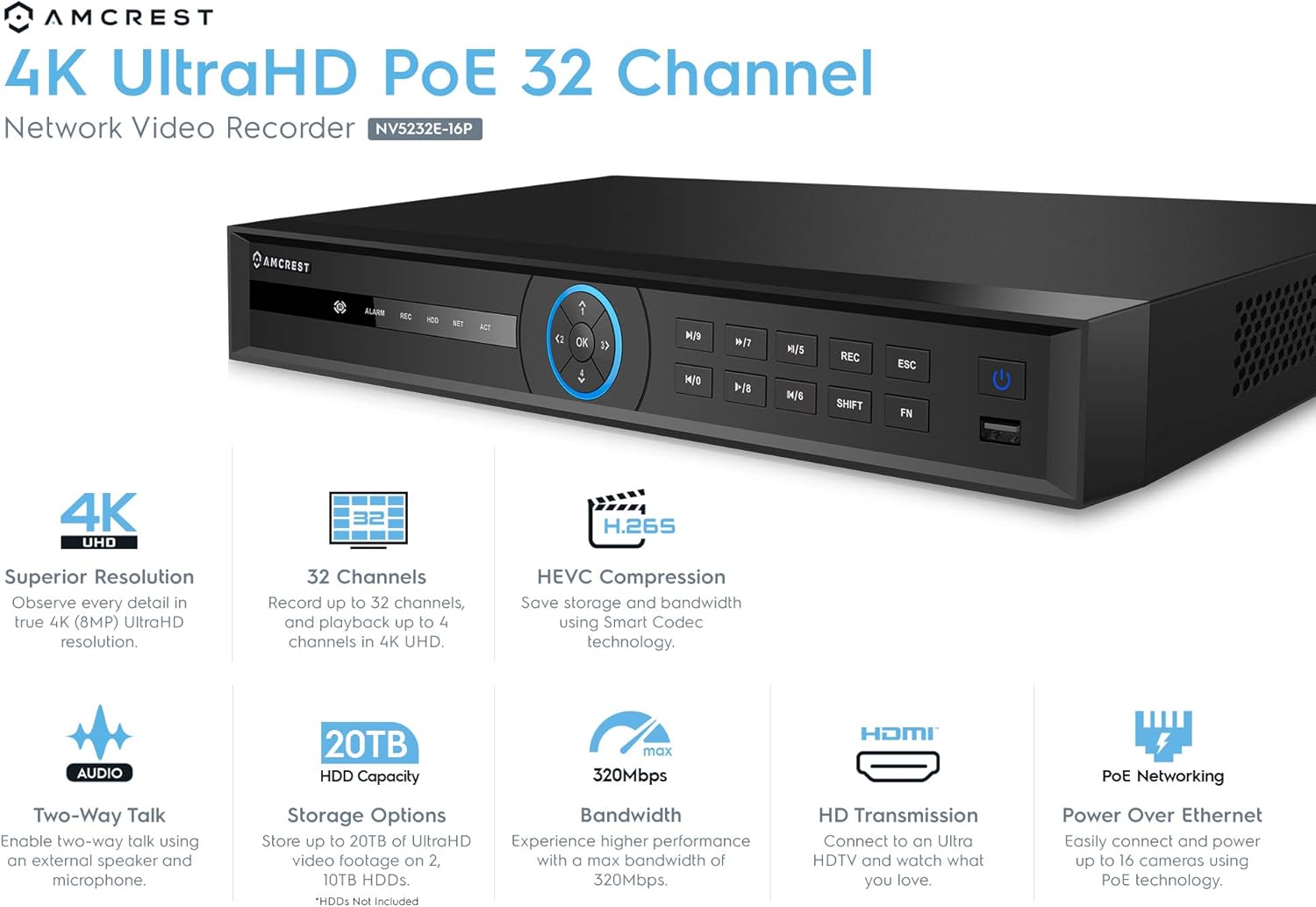 Amcrest 5Series 4K NVR 32-Channel NV5232E-16P-6TB 32CH 16-Ports PoE Recording (Record 32CH 4K @30fps, View/Playback 4CH 4K@30fps) Network Video Recorder - Pre-Installed 6TB Hard Drive