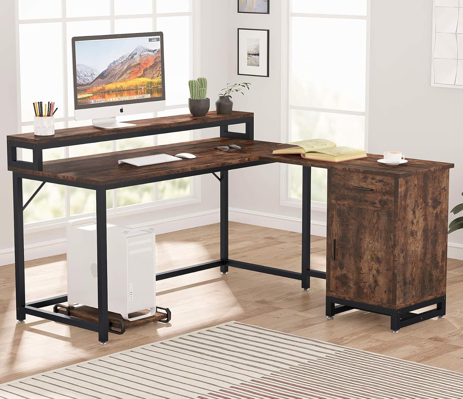 Tribesigns L Shaped Computer Desk,55 inches Office Corner Desk with Drawer and Storage Cabinet, Industrial Writing Study Table with Monitor Stand for Home Office, Space Saving