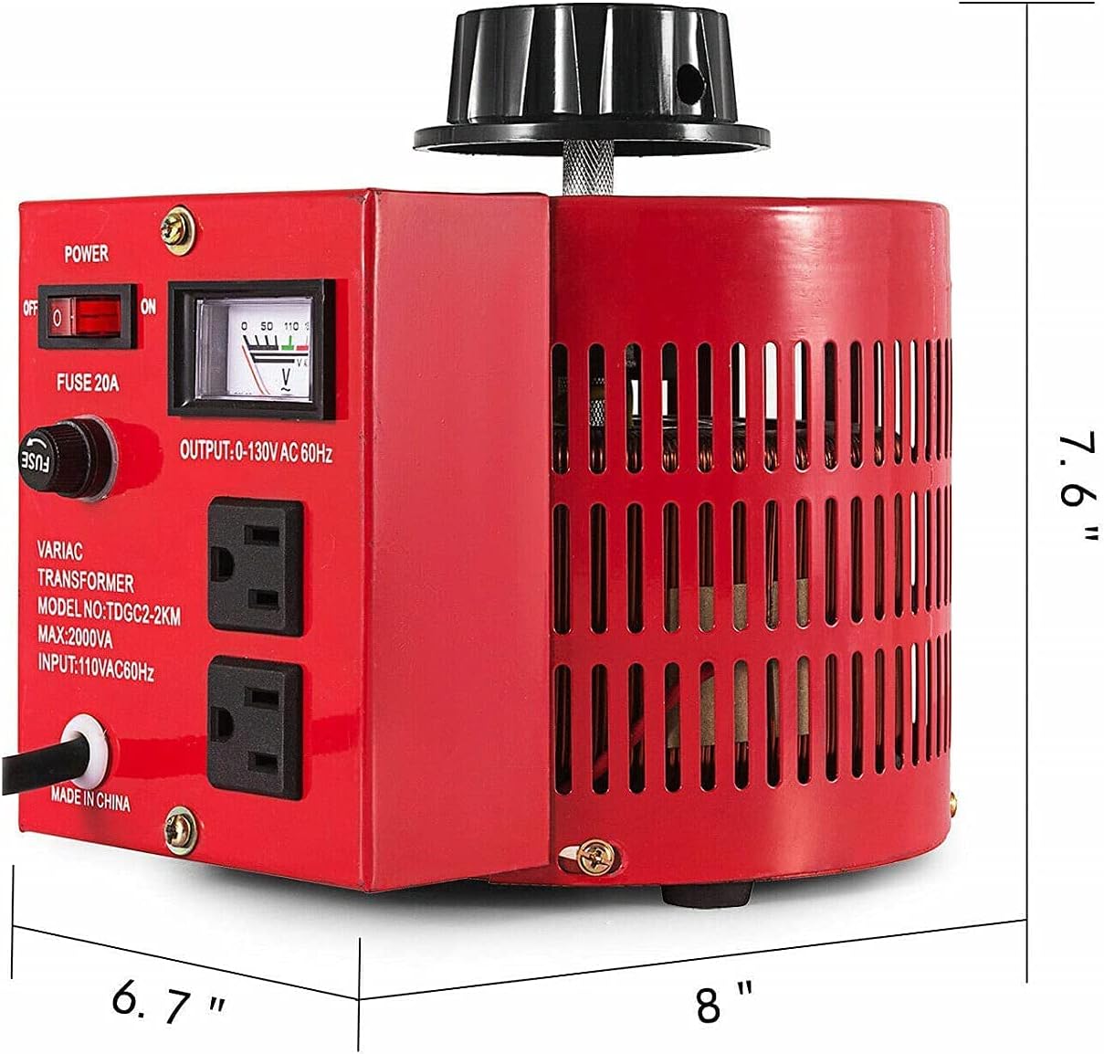 jxgzyy 2000W Variac Variable Transformer 20Amp AC Variable Voltage Converter Transformer Variable Voltage Auto Transformer Regulator, 0-130V Output, 110V Input