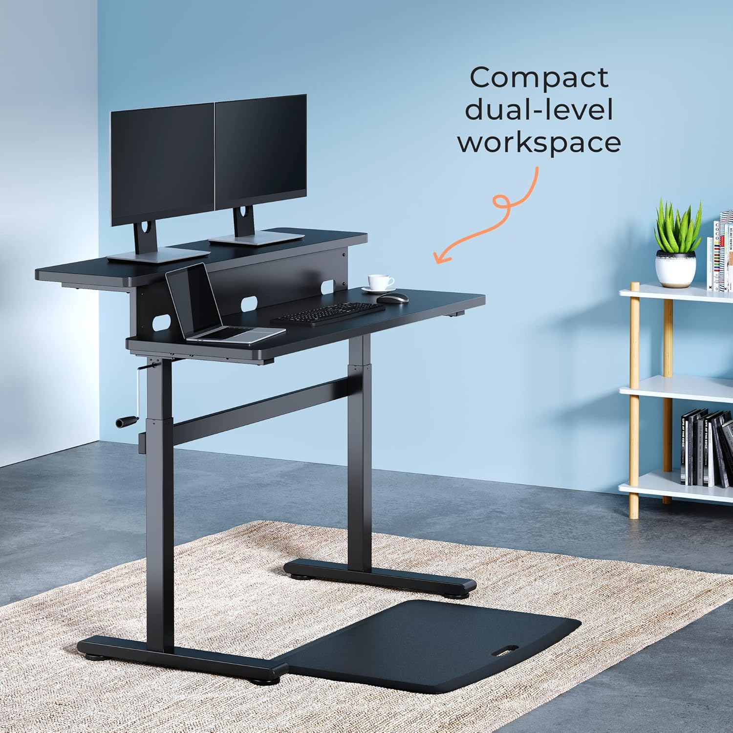 Stand Steady Tranzendesk | 47 Inch Dual Level Standing Desk with Shelf | Easy Crank Height Adjustable Sit to Stand Desk | Stand Up Workstation with Monitor Riser for Home & Office (47in / Black)