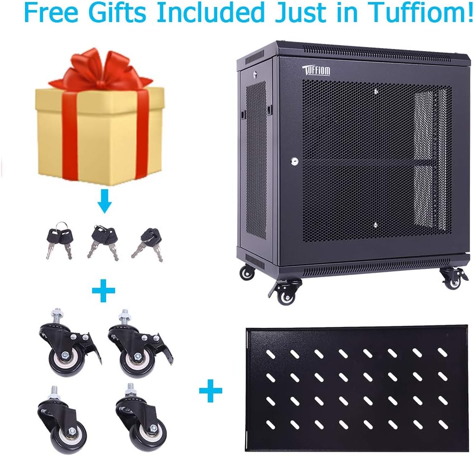 TUFFIOM 12U Casters Network Enclosure, 19 Inch Consumer Series Server Equipment Rack, Computer Date IT Network Cabinet Include 3 Side Panel Locks, Cooling Fan, No Assembly Required