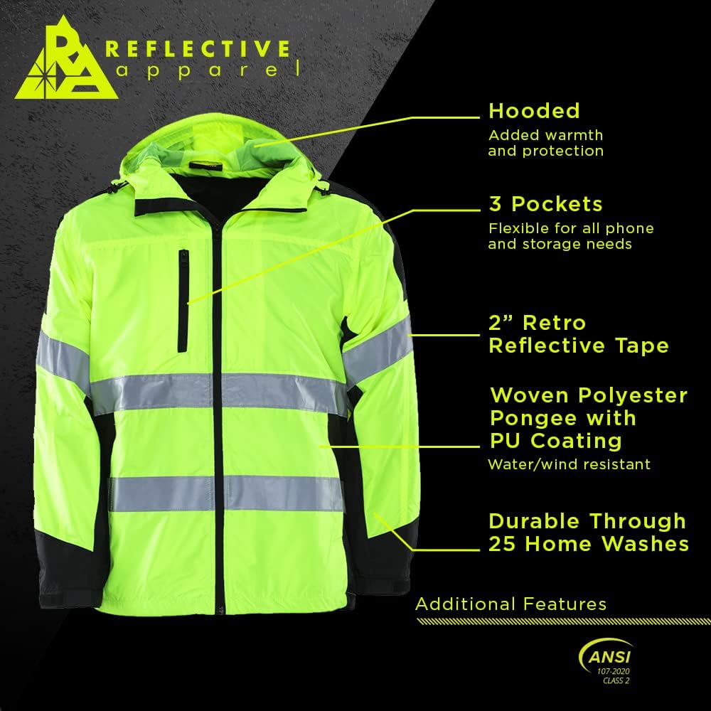 Reflective Apparel High Visibility Hooded Windbreaker Safety Jacket - ANSI Class 2 Compliant, Water-Resistant Shell - Lime