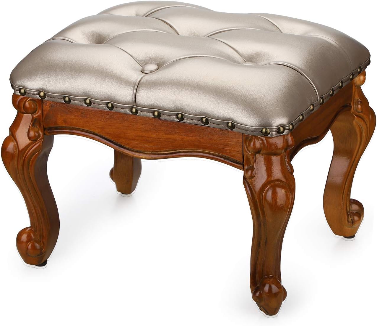 Small Foot Stool for Living Room Brown Leather Ottoman Stools for Foot Rest Solid Rubber Wood Simple Assembly (Light Brown) Pack of 2