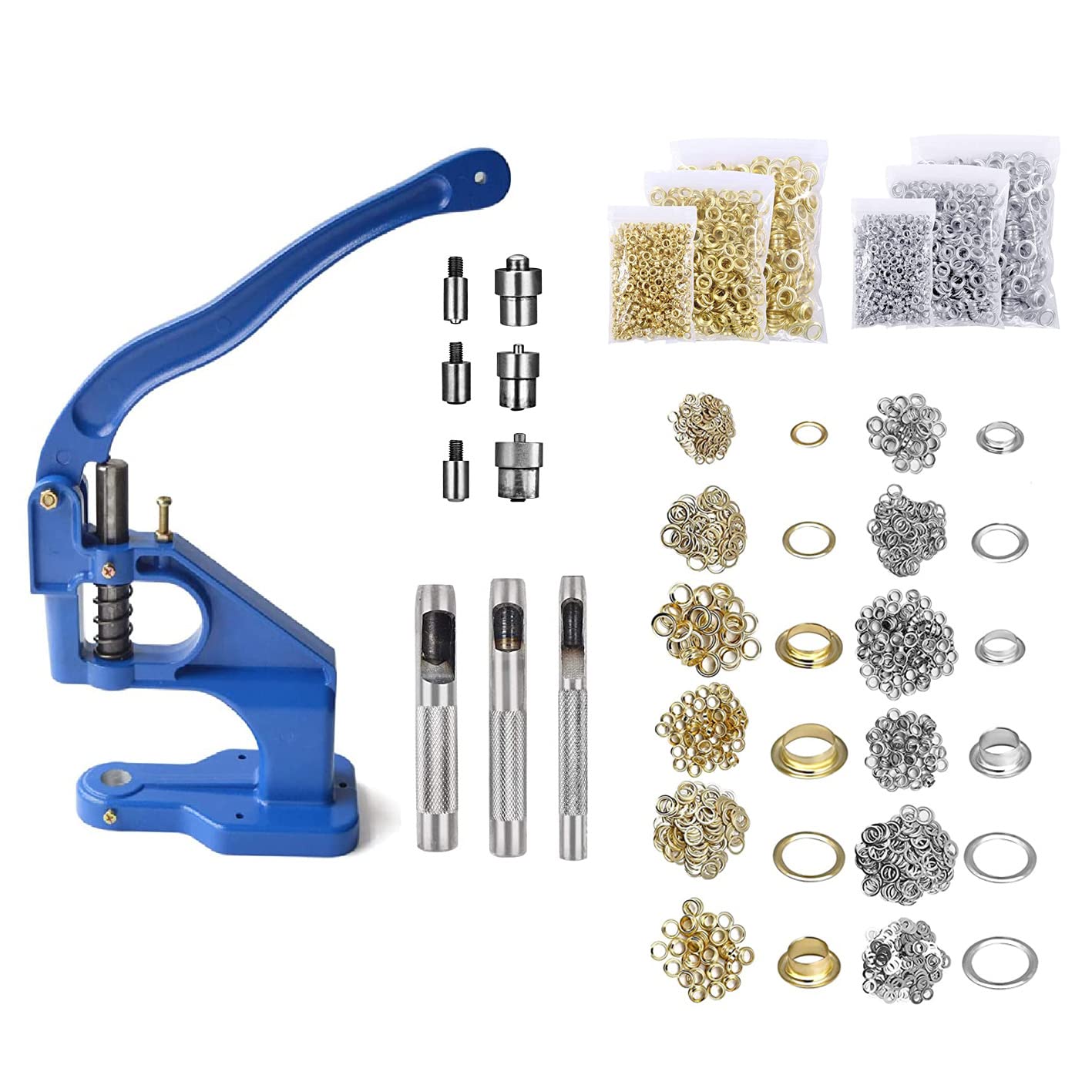 Hand Press Grommet Machine Grommets Eyelet Tool Kit, Including Grommet Machine, 3 Dies (#0#2#4), 2400Pcs Grommets 3 PCS Installation Tools for Banner,Awning,Signs,Poster,Curtain, DIY Craft