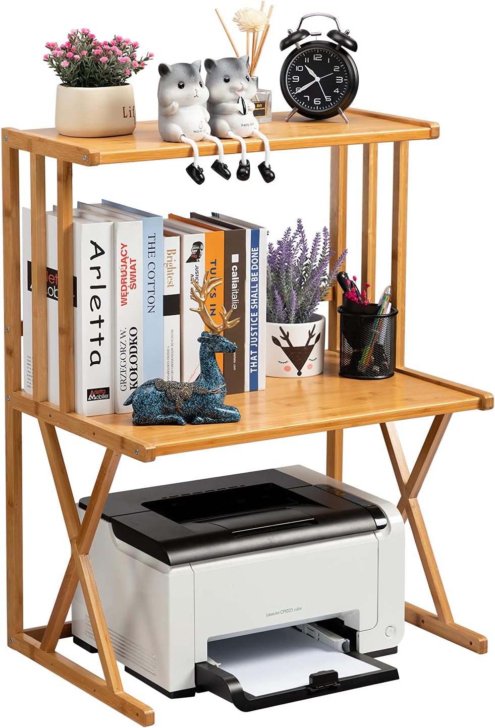 Praktiban Desktop Printer Stand Holder with Storage Multipurpose Bamboo Desk Organizer Shelf for Home and Office Pack of 2