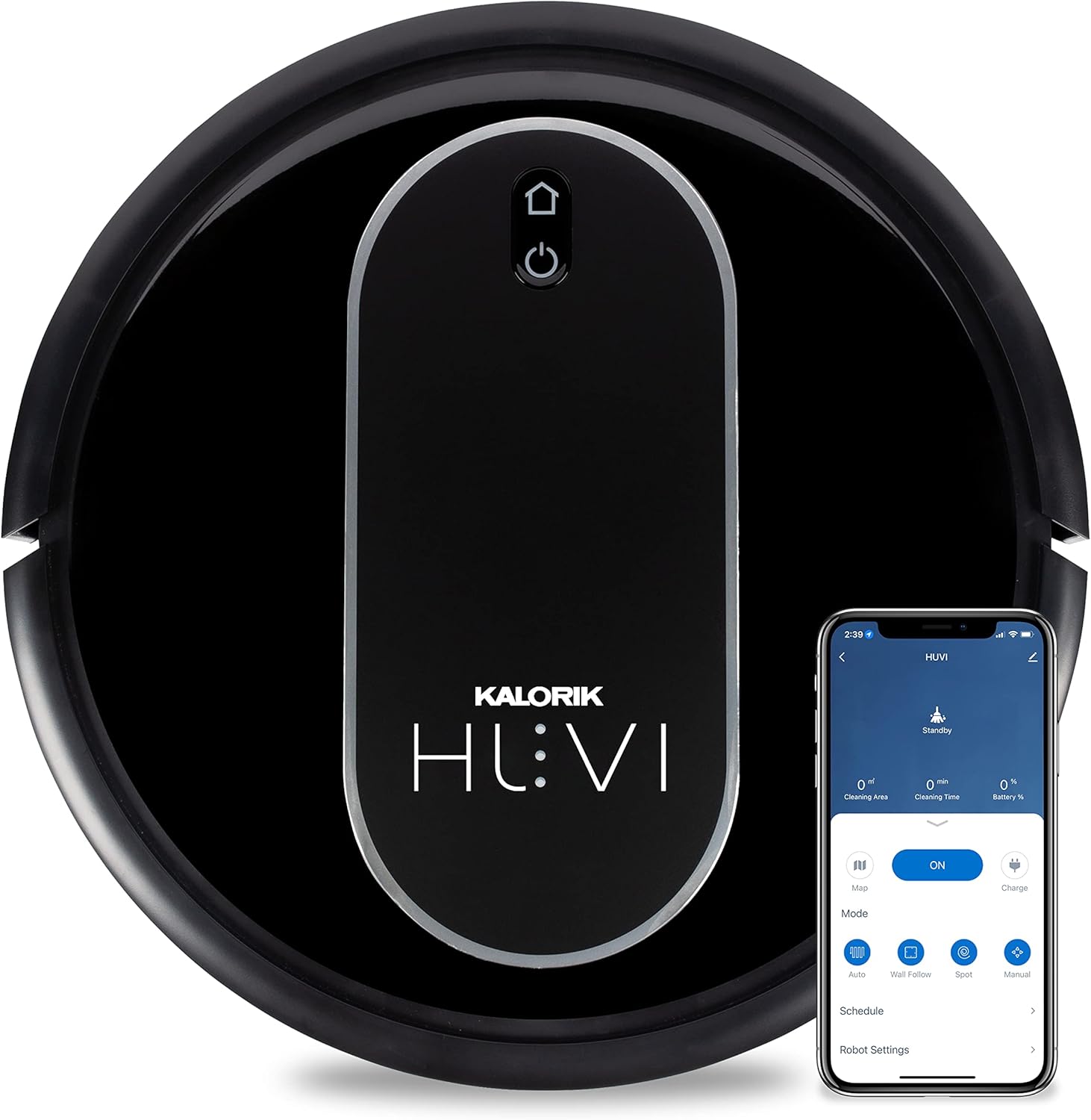 Kalorik HUVI Robot Vacuum &ndash; Cleans Multi-Surface Floors & Air, Disinfects & Sanitizes with Aroma Diffuser, Powerful Pet Hair Pickup, HEPA13 Filter for Allergy Relief, Smart Navi, WiFi, Alexa & Google