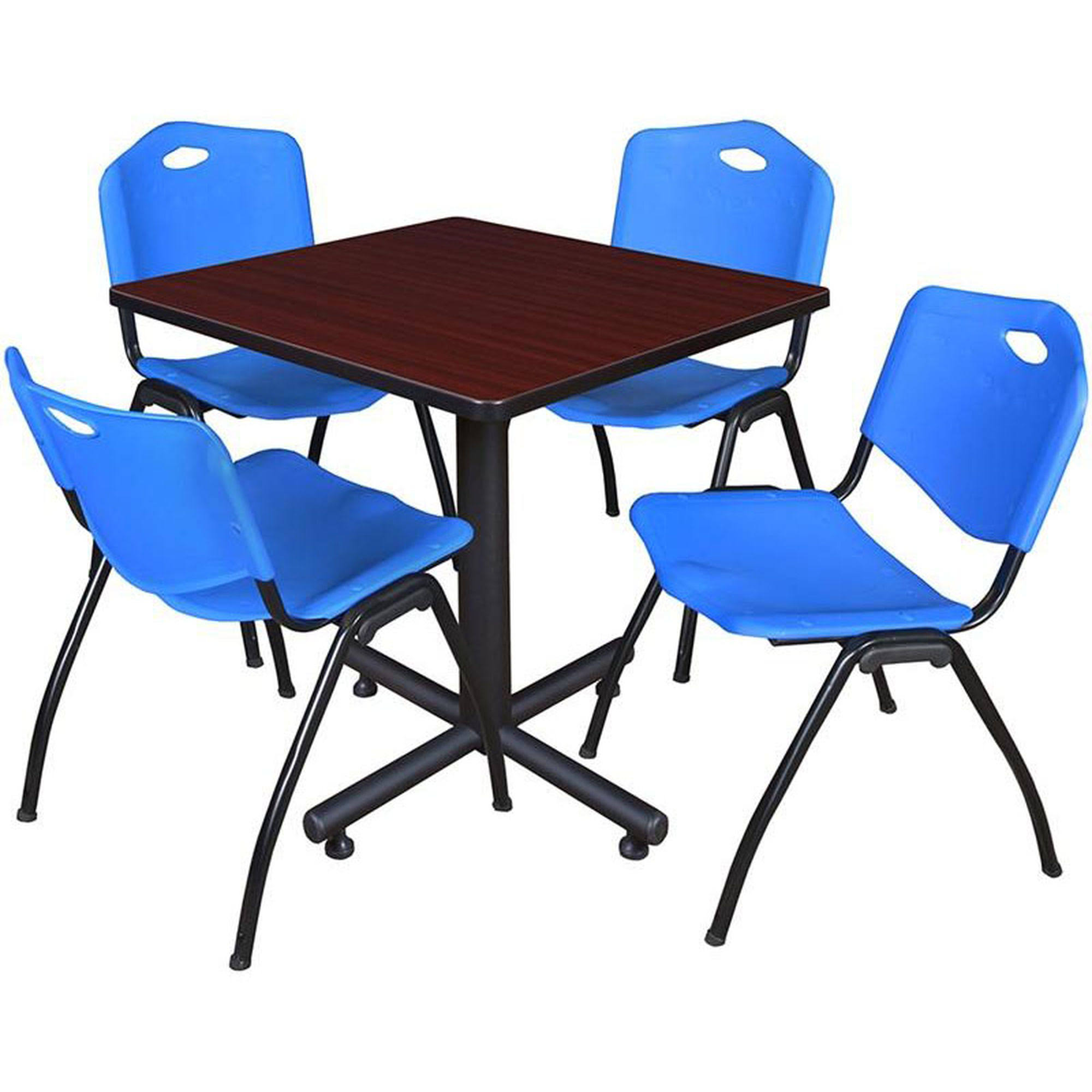 Regency Kobe 30x22 Square Breakroom Table- Mahogany u0026 4 &M& Stack Chairs- Blue