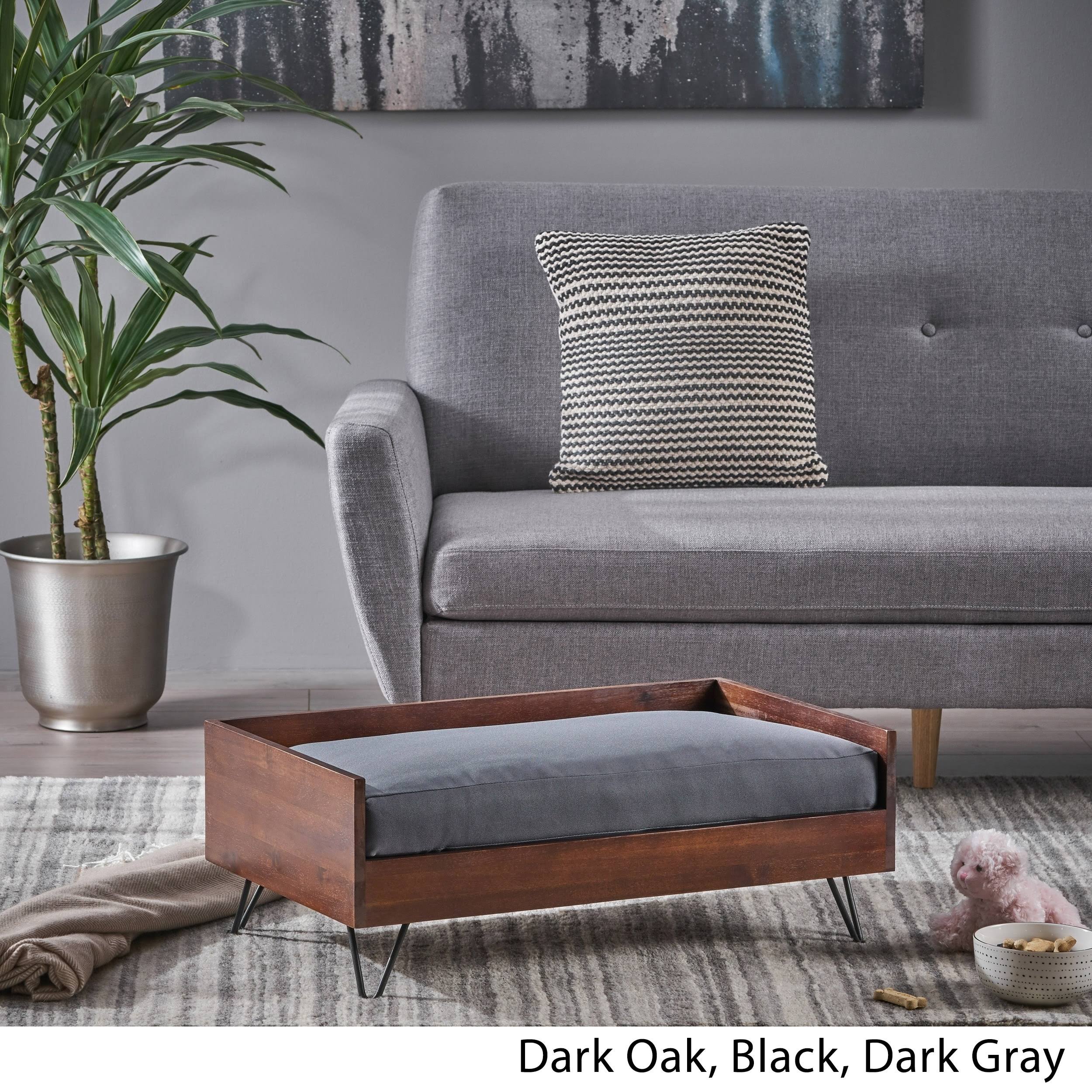 Christopher Knight Home Bonneville Mid-Century Modern Pet Bed with Acacia Wood Frame by Light Gray Wash, Black, Gray