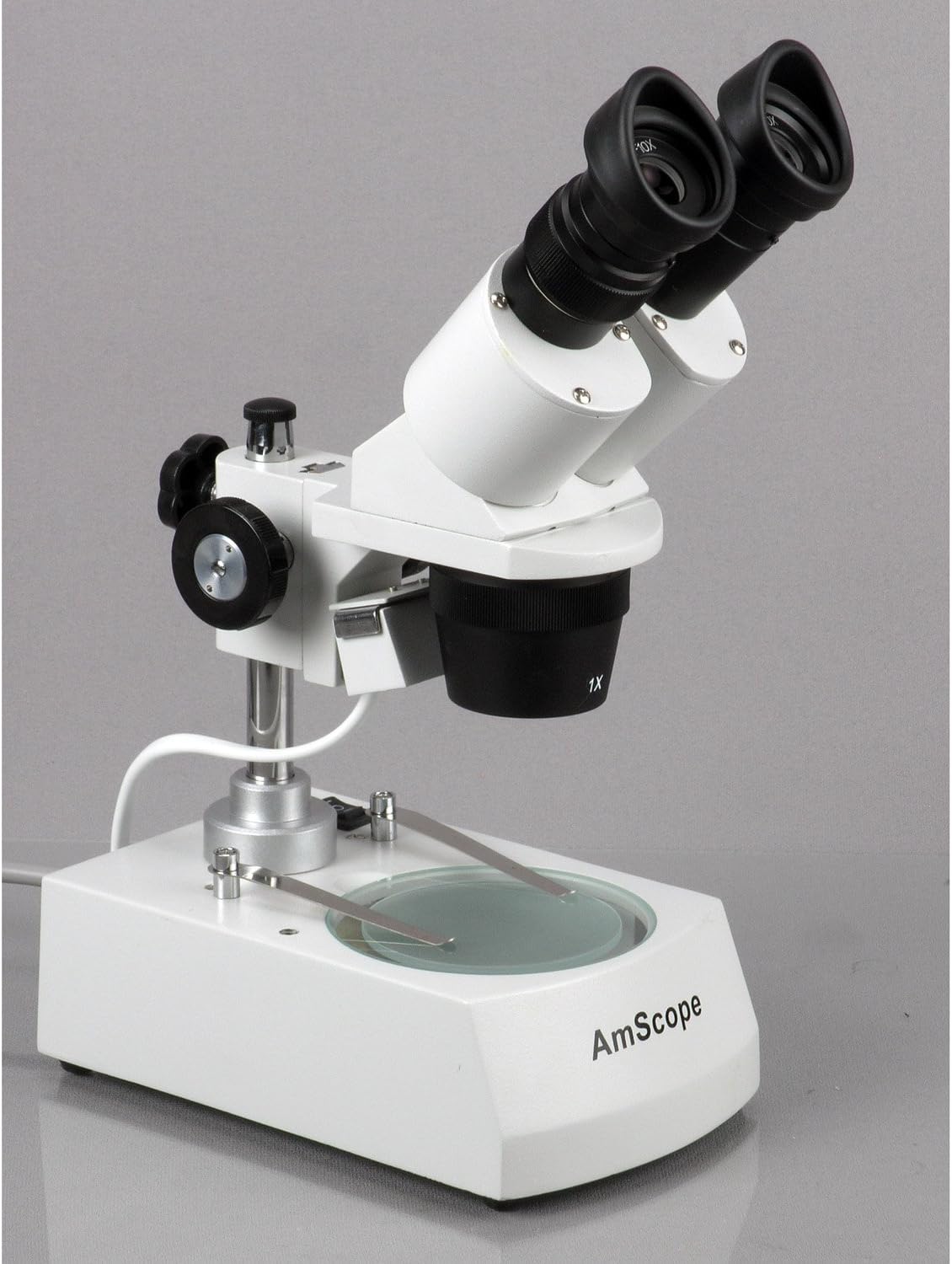 AmScope SE306R-P20 Forward-Mounted Binocular Stereo Microscope, WF20x Eyepieces, 40X and 80X Magnification, 2X and 4X Objectives, Upper and Lower Halogen Lighting, Reversible Black/White Stage Plate, Pillar Stand, 120V