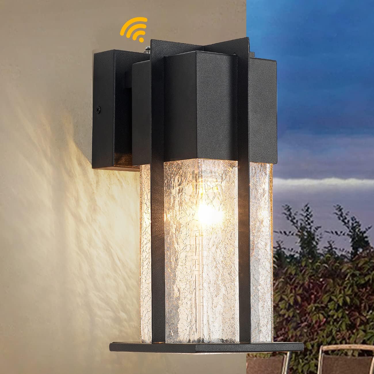 Dusk to Dawn Outdoor Wall Light Modern Porch Light with Crackle Glass, Waterproof Exterior Light Fixture Wall Mount with Photocell Sensor Wall Sconce Outside Lights for House, Garage, Front Door Light