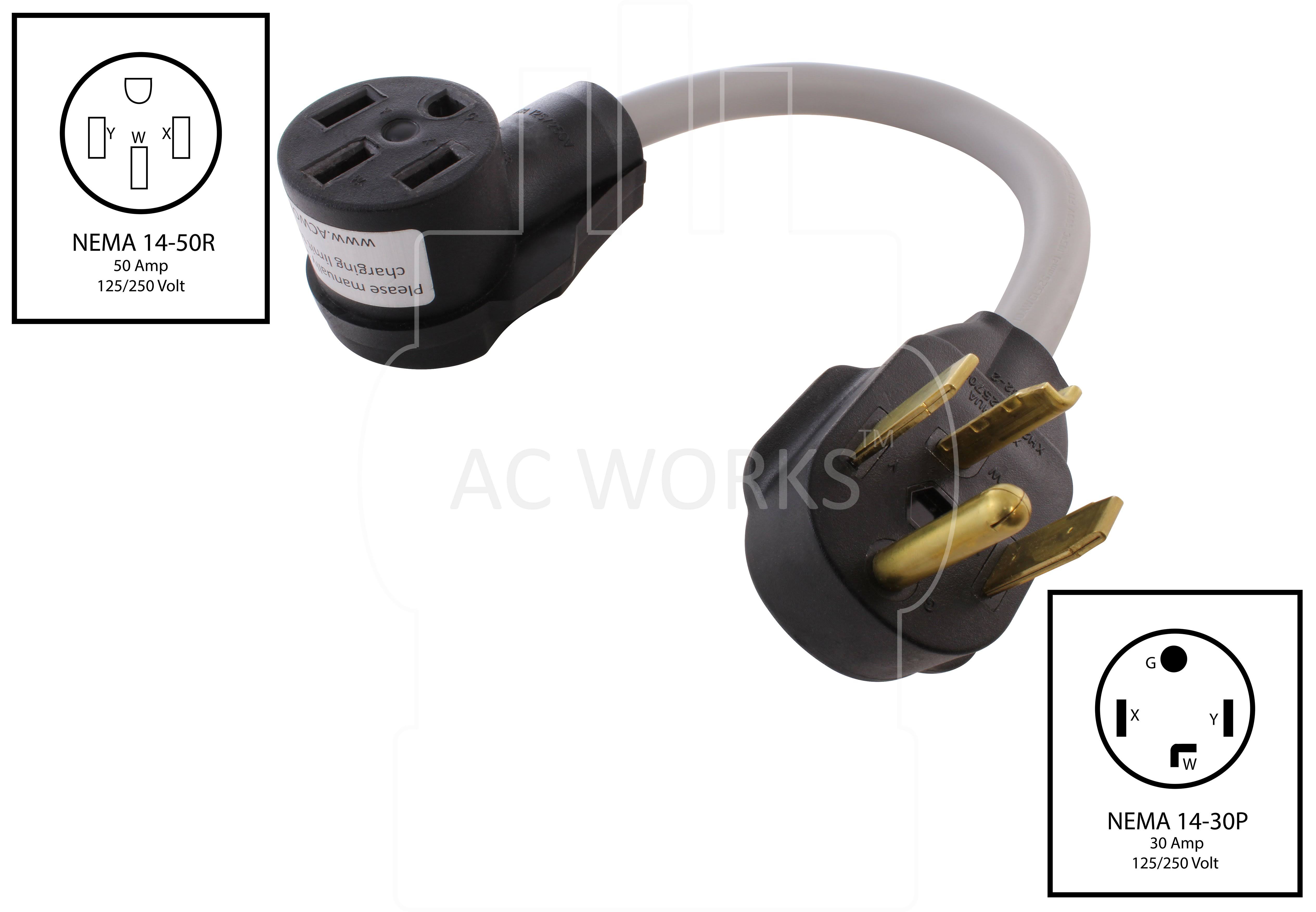 AC Works 1.5ft 30A Dryer Plug NEMA 14-30P to NEMA 14-50R Female