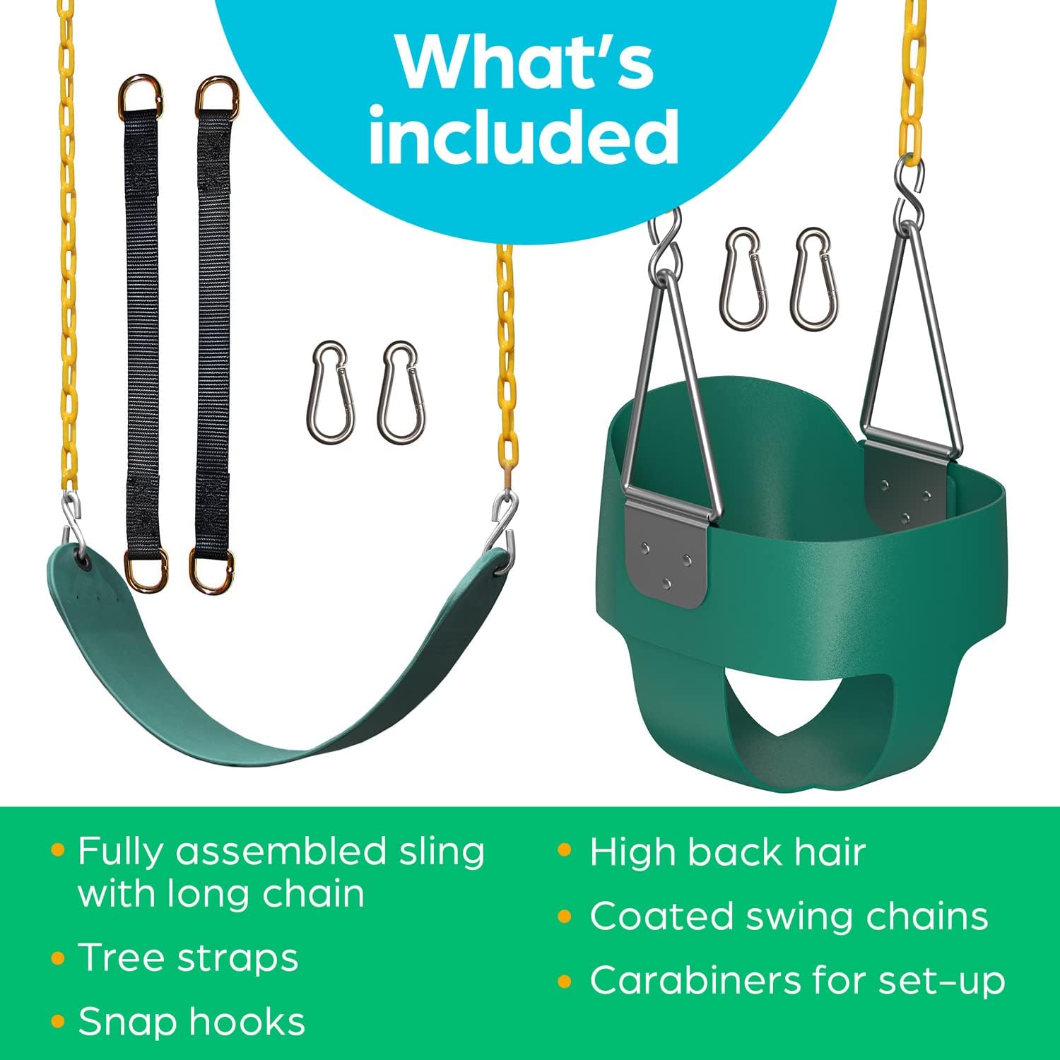 Jungle Gym Kingdom Toddler Swing - Heavy Duty, High Back, Full Bucket Baby Swing Seat with Coated Chains for Outdoor Use - Fully Assembled - Green